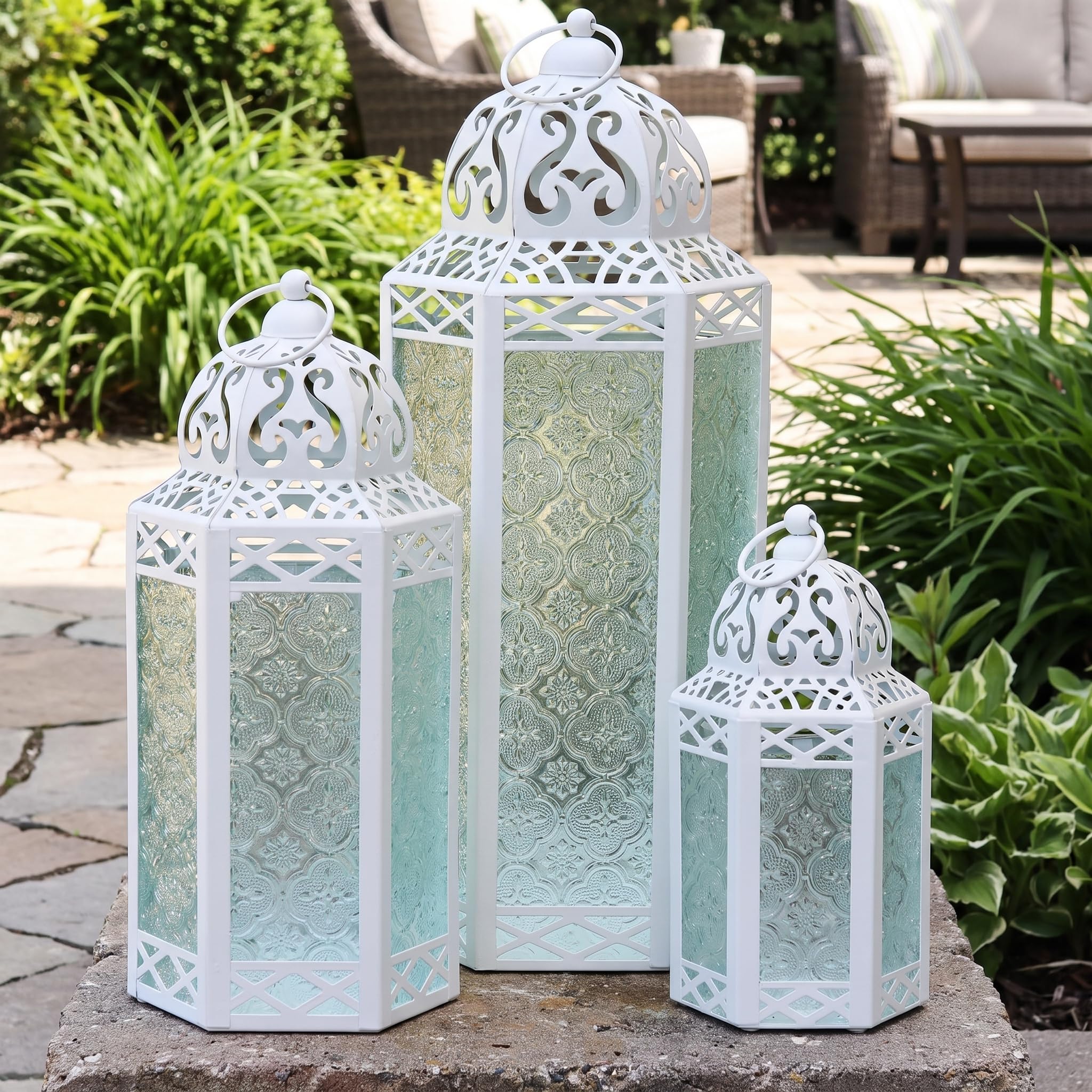 VELA LANTERNS Moroccan Candle Lantern Decorative Set of 3 for Floor, Ramadan Decorations, Indoor Home Decor, Outdoor Patio or Porch, Weddings, White