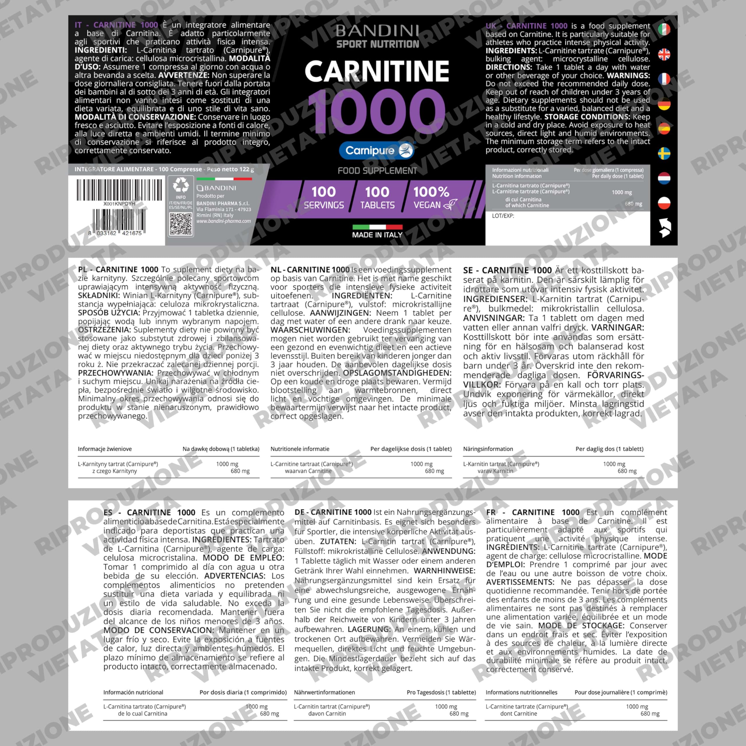 Bandini® L CARNITINA 1000 | 100 Compresse con Carnipure® (100 dosi, 100 giorni) | Integratore con L-Carnitina Tartrato Vegan | Carnitine Pura per Atleti e Sportivi - Energia, Resistenza e Recupero