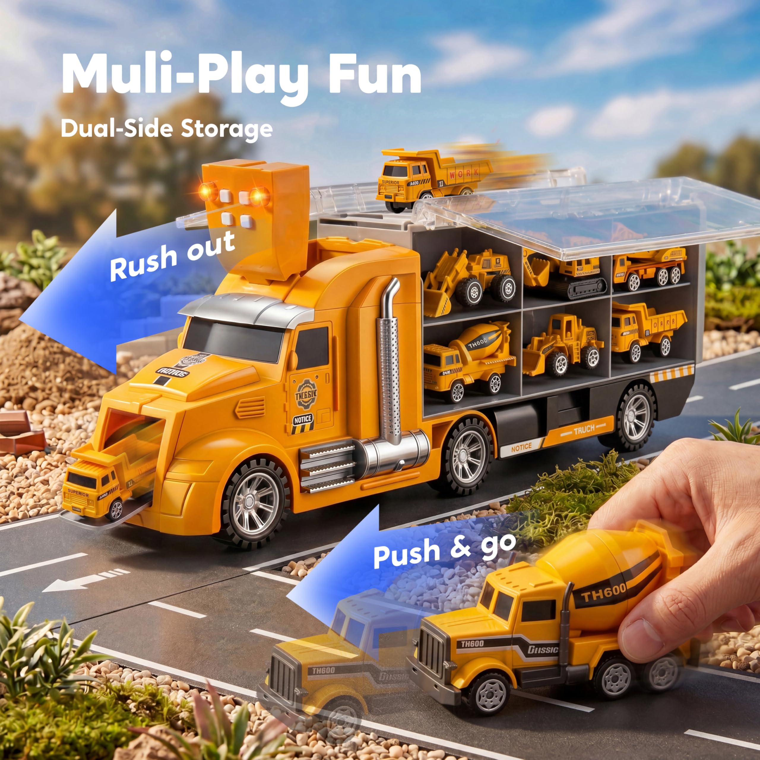 JOYIN 25 en 1 Juego de Juguetes camión de construcción fundidos a presión (Incluye Tractor Excavadora transportadora) con Sonidos y Luces, Regalos de cumpleaños para niños a Partir de 3 años