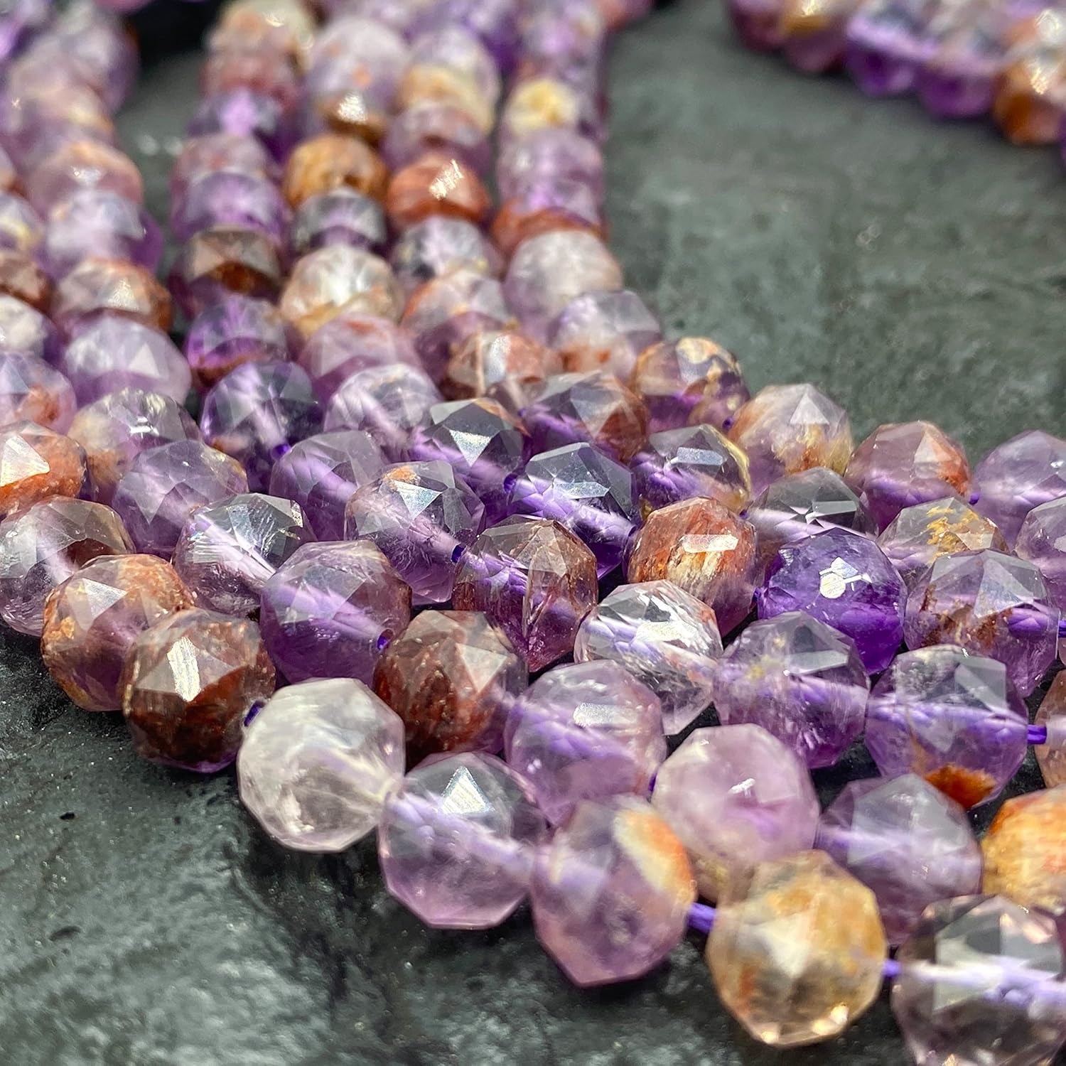 ABCGEMS Brazilian Super 7 Beads (Cacoxenite, Amethyst, Lepidocrocite, Goethite, Rutile, Smoky Quartz & Crystal Quartz) Diamond-Cut Double-Hearted Satellite 8mm