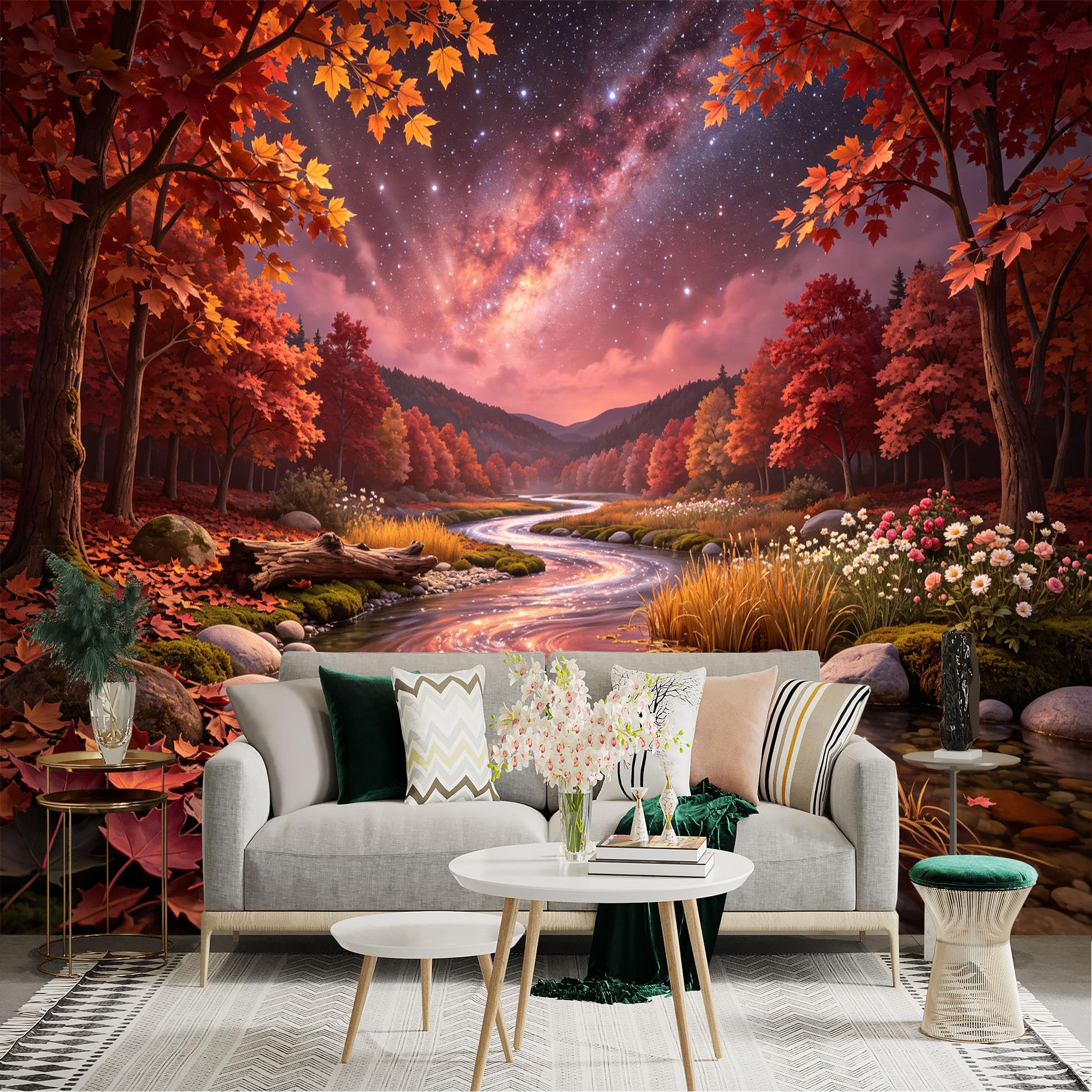 Lnzczhyre Bh260719357 Custom Size Wall Sticker Mural， Autumn River Landscape， Vibrant Fall Foliage， Serene Creek， Glowing Starry Night Sky， For Wall Decoration， Peelandstick Wall Decals.