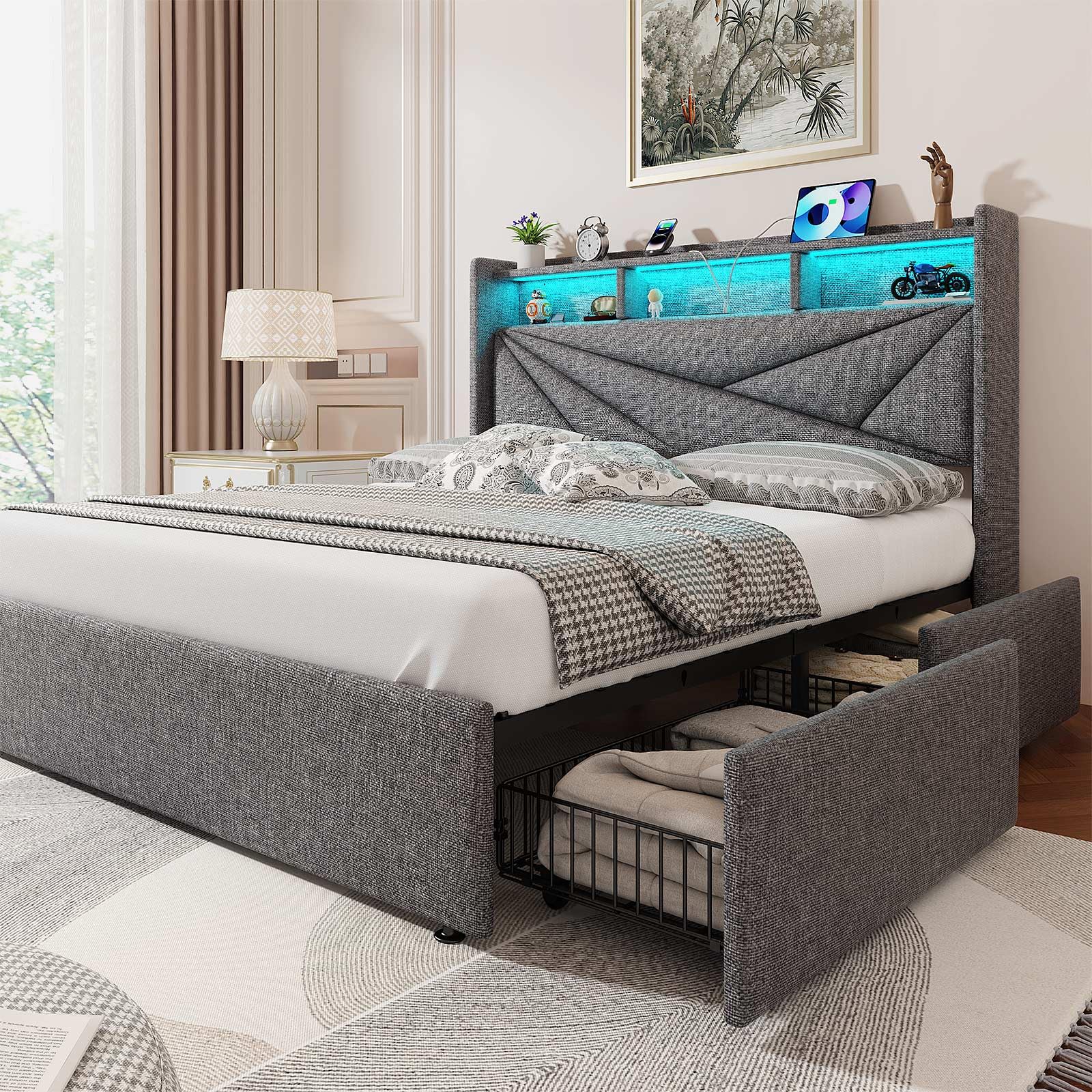 Driftalia LED Full Size Bed Frame with 4 Storage Drawers, Upholstered Full Bed Frame with 2-Tier Headboard and Charging Station, No Box Spring Needed,