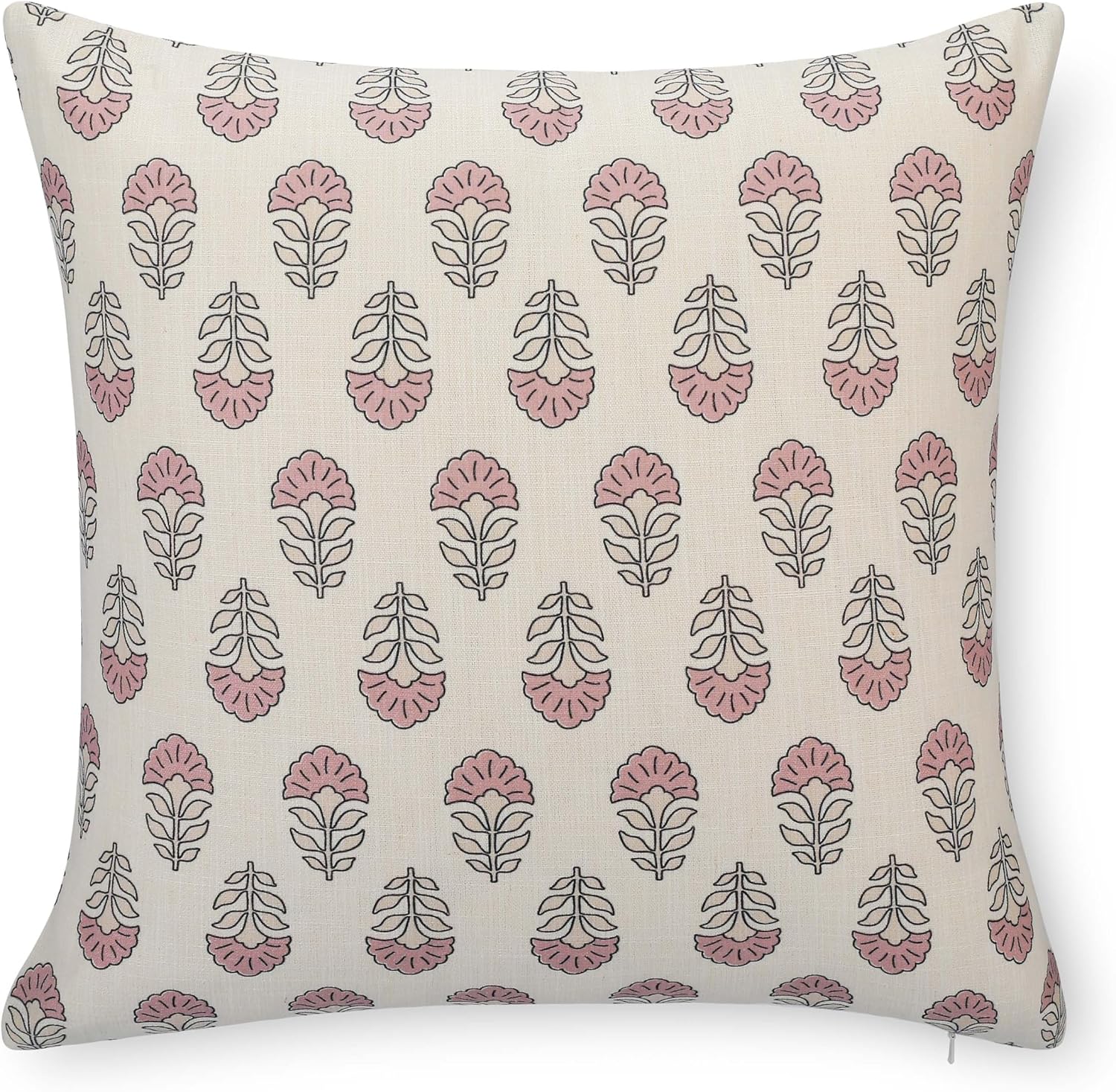 Crumbs Home Modern Farmhouse California Casual Indoor Outdoor Throw Pillow Cover, 20"x20" Water Repellent for Patio, Backyard, Couch, Poolside, Earth Tone Dark Rose Ivory Cream Block Print Flowers