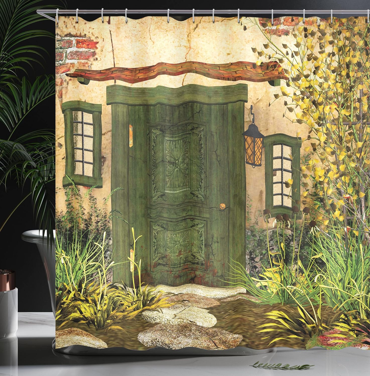 Ambesonne Rustic Shower Curtain, Cottage Door Overgrown Bushes and Grass Tree Garden in The Countryside Look Graphic Art, Cloth Fabric Bathroom Decor Set with Hooks, 69" W x 70" L, Green Ivory Yellow