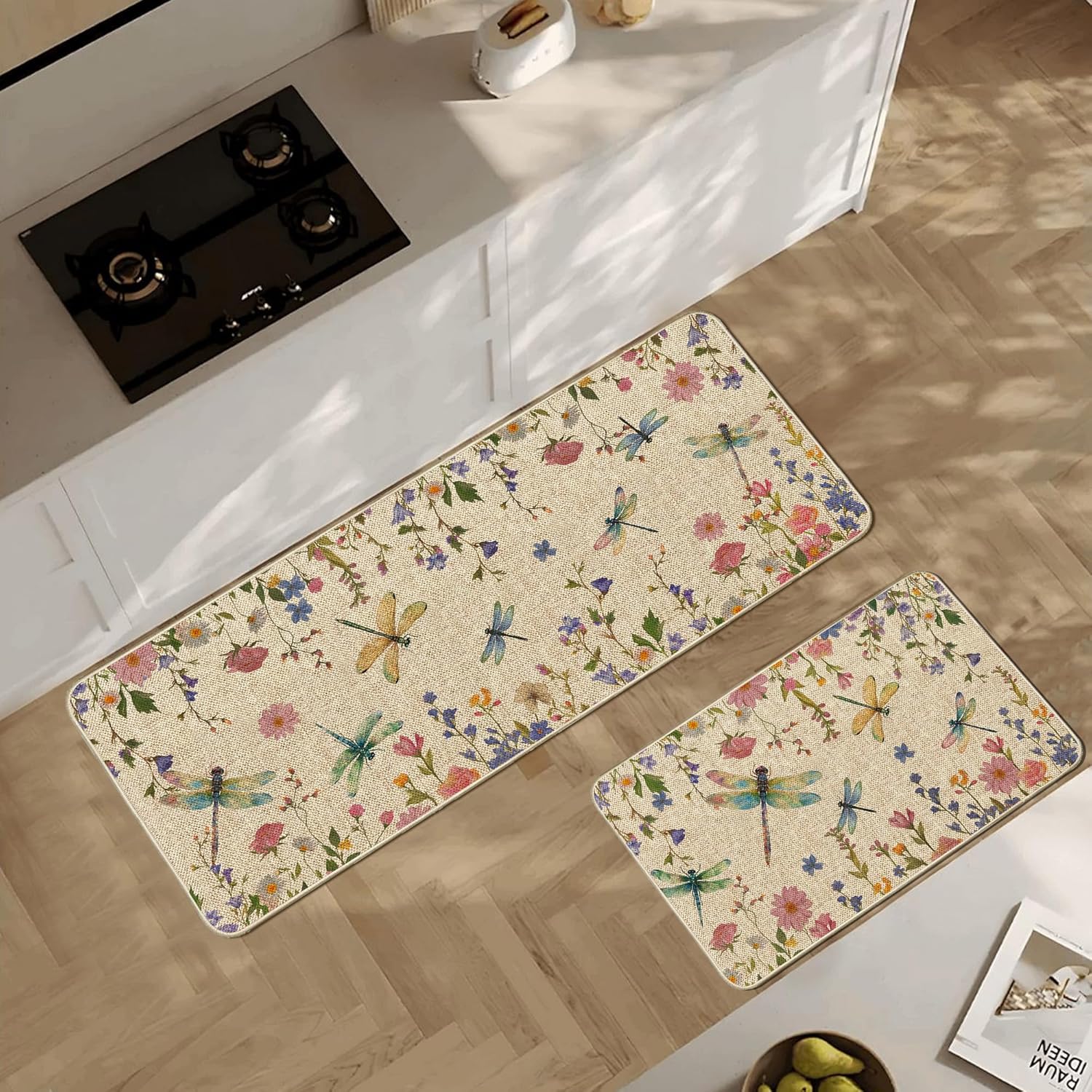 Spring Summer Dragonflies Wildflowers Kitchen Mats Set of 2, Watercolor Floral Garden Kitchen Rugs Seasonal Holiday Floor Non-Slip Low Profile Mat Farmhouse Home Decor 17x29 and 17x47 Inch