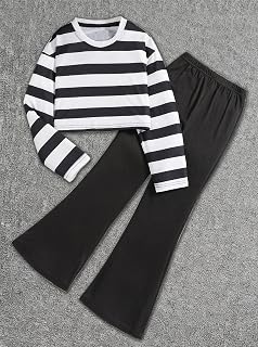 Girls 2 Piece Outfits Set Long Sleeve Striped Crop Top and Flare Ribbed Pants Casual Fashion Matching Clothes 9-10 Jahre black