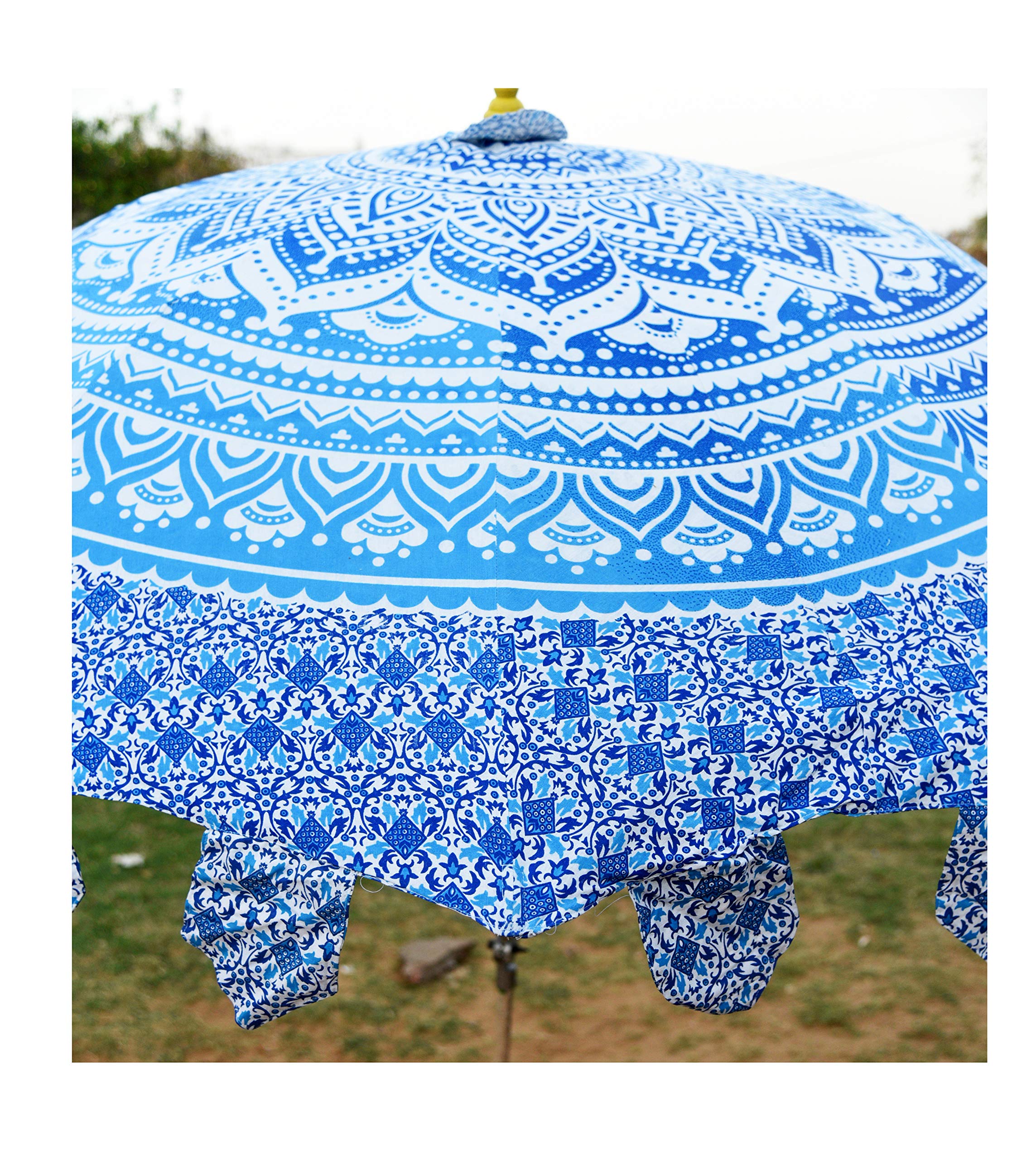 Handicraft-Palace Blue Ombre Mandala Printed Beach Garden Hotel Umbrella Cotton Large Outdoor Resort Lawn Umbrella Round Patio Parasol 2