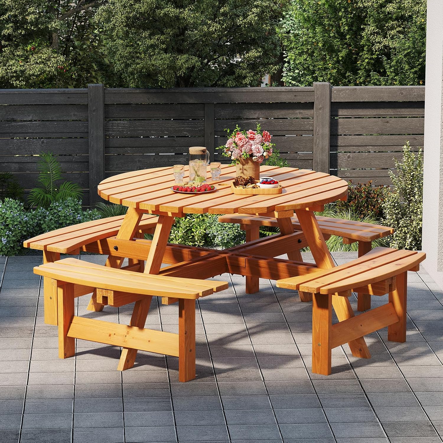 Tangkula 8-Person Wood Picnic Table, Outdoor Round Table and Bench Set with 4 Built-in Benches, Umbrella Hole, Perfect for Outside, Patio, Garden, Backyard, Porch