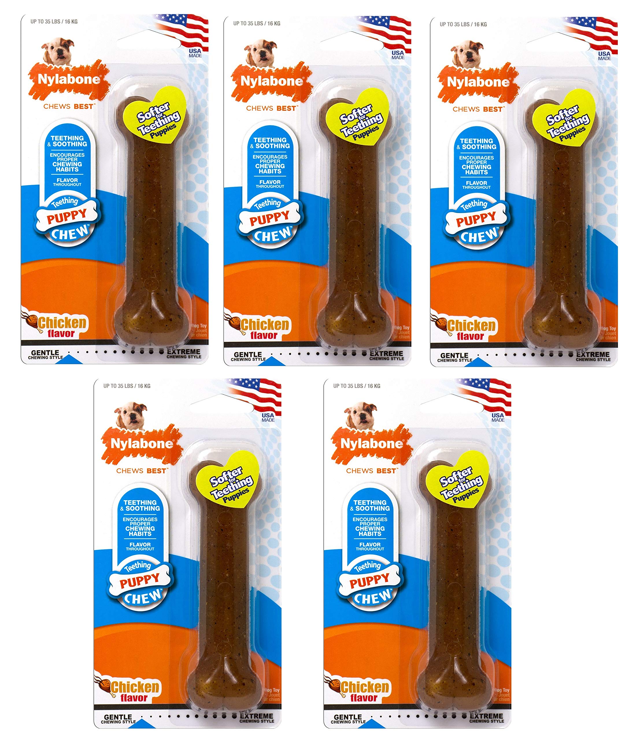 Nylabone 5 Pack of Puppy Chew Bone Toys, Medium, Chicken Flavor, Made in The USA