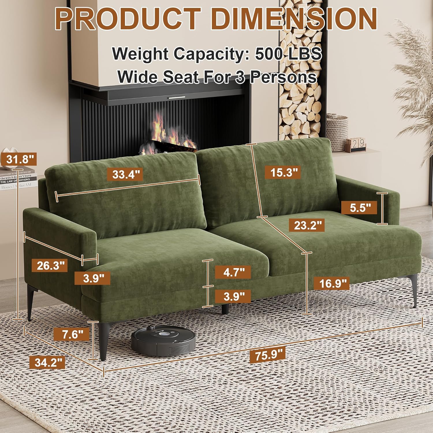Loveseat Sofa Couch with Adjustable Headrest 75.9" Small Upholstered Couches Ergonomic 3-Seater Tufted Sofa with Removable Cushions & Sturdy Wood Frame for Bedroom, Office or Apartment Green