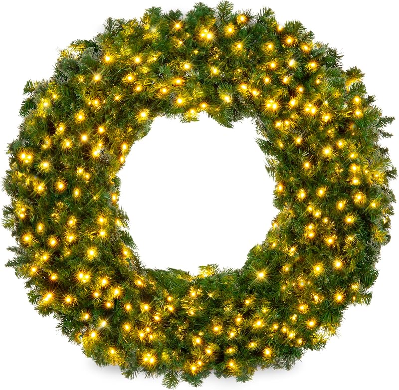 Best Choice Products Corona navideña de abeto artificial preiluminada grande de 60 pulgadas, decoración navideña con 300 luces LED, 930 puntas de PVC