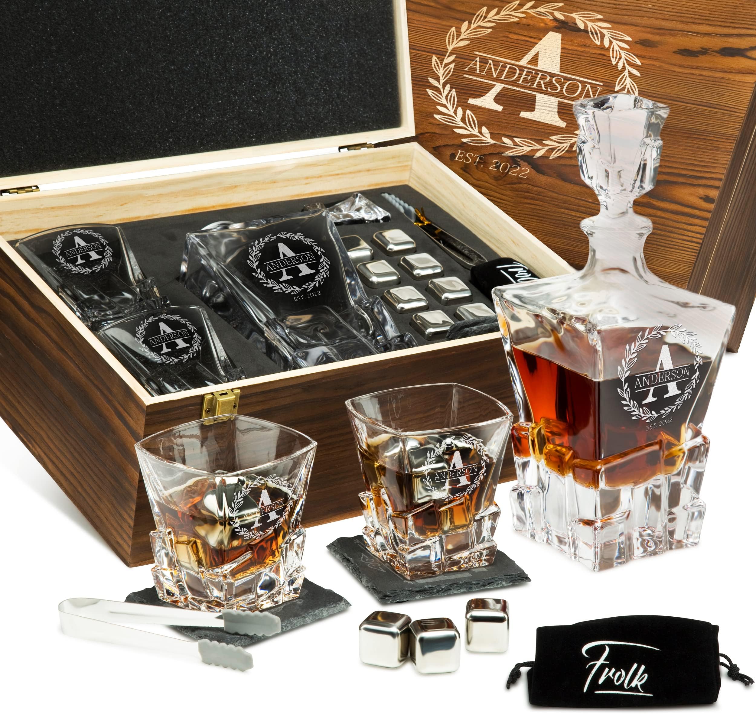 Personalized Whiskey Decanter and Stones Set - Customized Gift for Men, Dad, Father - Engraved Rocks Whiskey Decanter, 2 XL Glasses, 8 Whisky Cubes, 2 Coasters, Tongs, Pouch in Wooden Gift Box