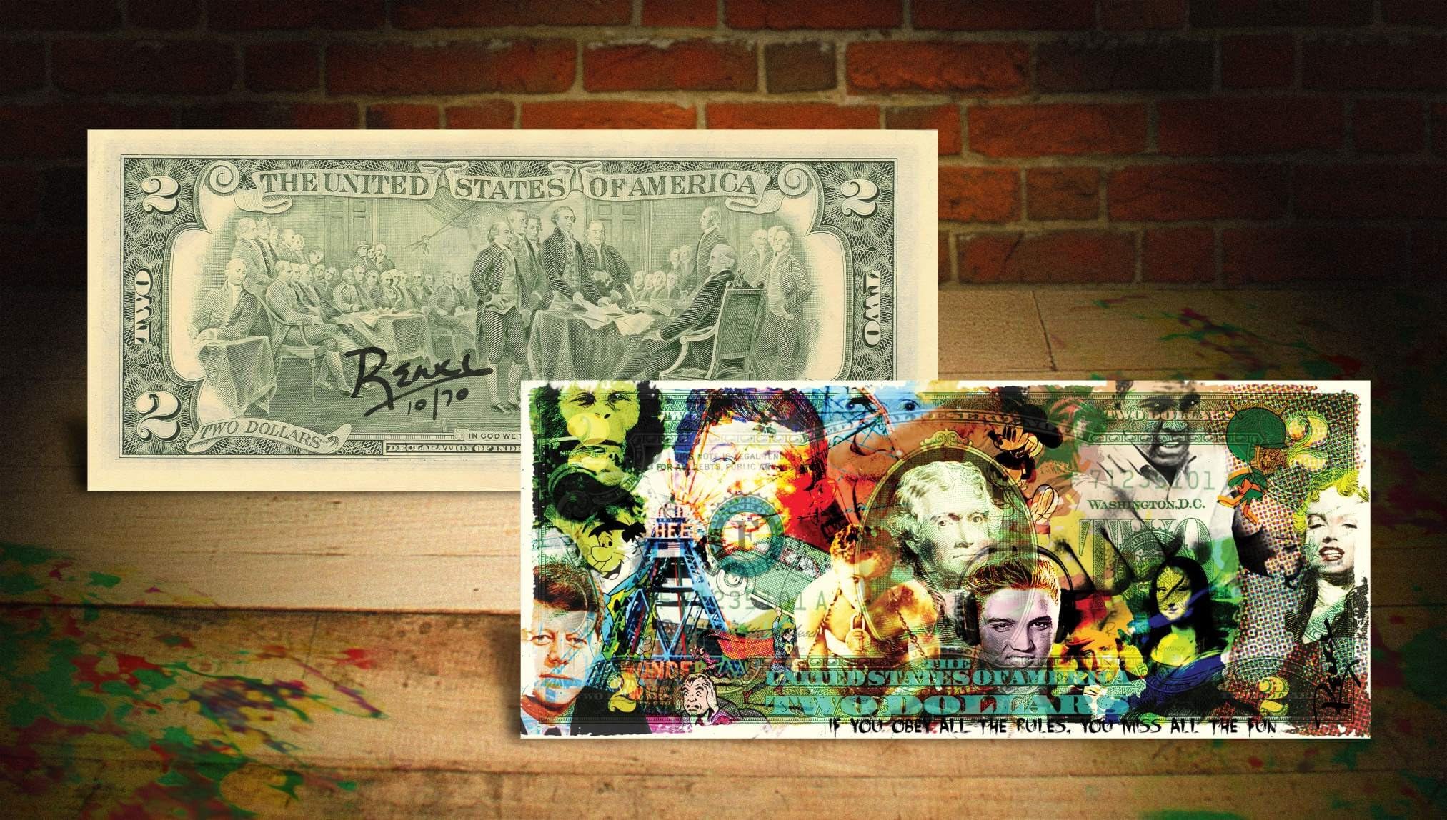 COLLAGE OBEY THE FUN Rency / Banksy Pop Art $2 Bill U.S. - Signed by Artist #/70