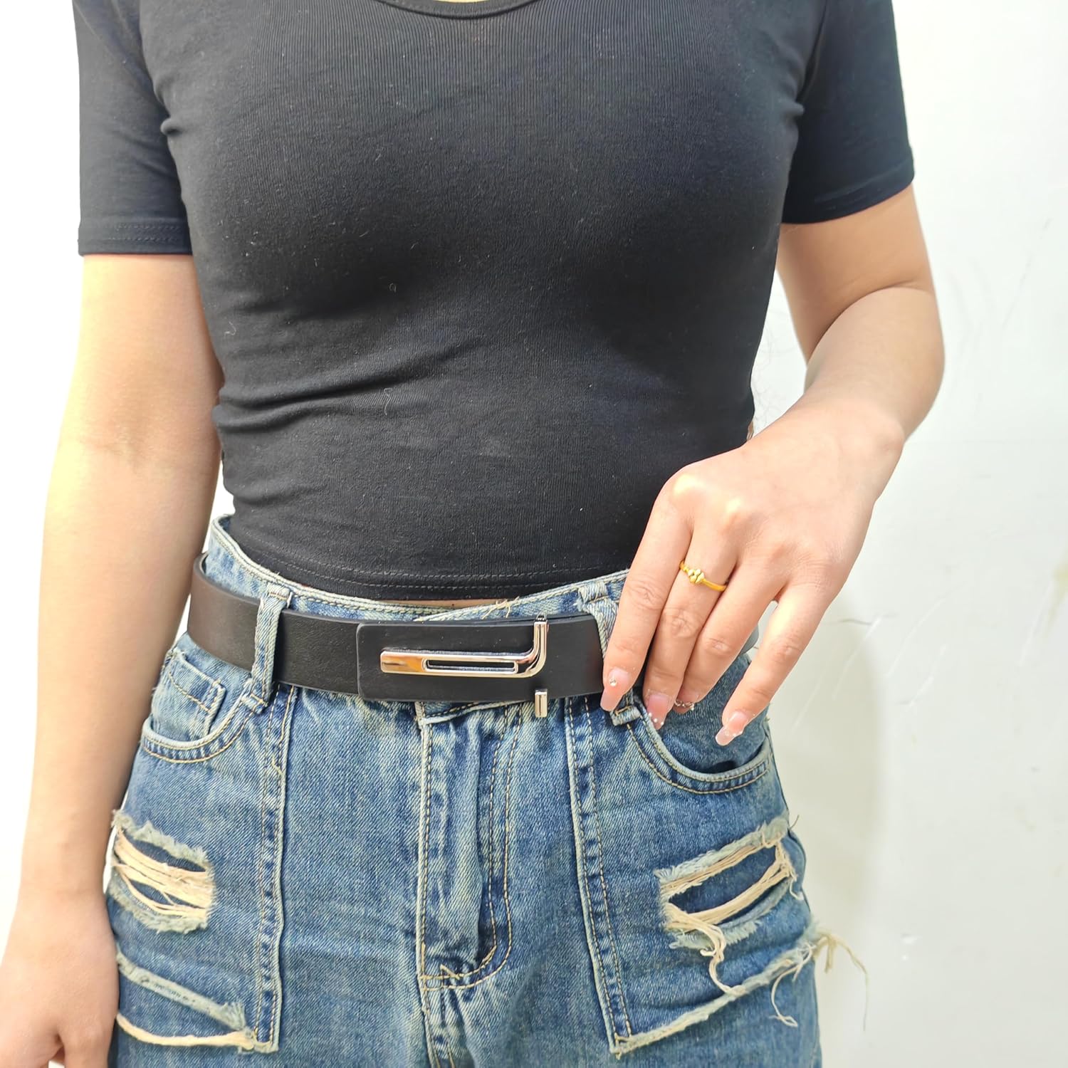 Black Suit Genuine Leather Belt with Gold Buckle – Adjustable for Dress or Casual - Image 2