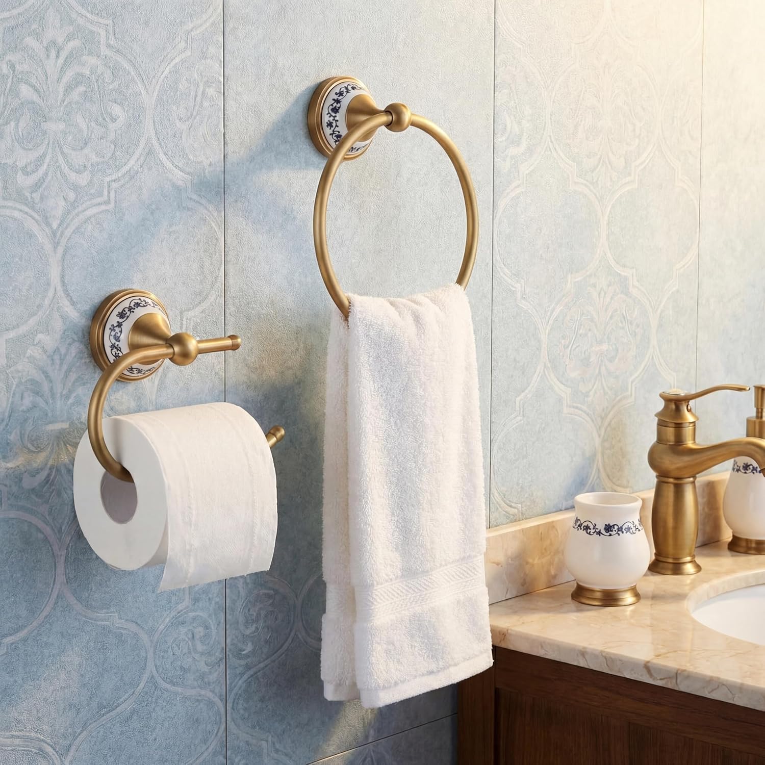 2 Pack Chinoiserie Chic Brass Bathroom Hardware Set - Exquisite Floral Porcelain Brushed Gold Towel Ring and Tissue Holder, Artistic Oriental Style Wall Decor
