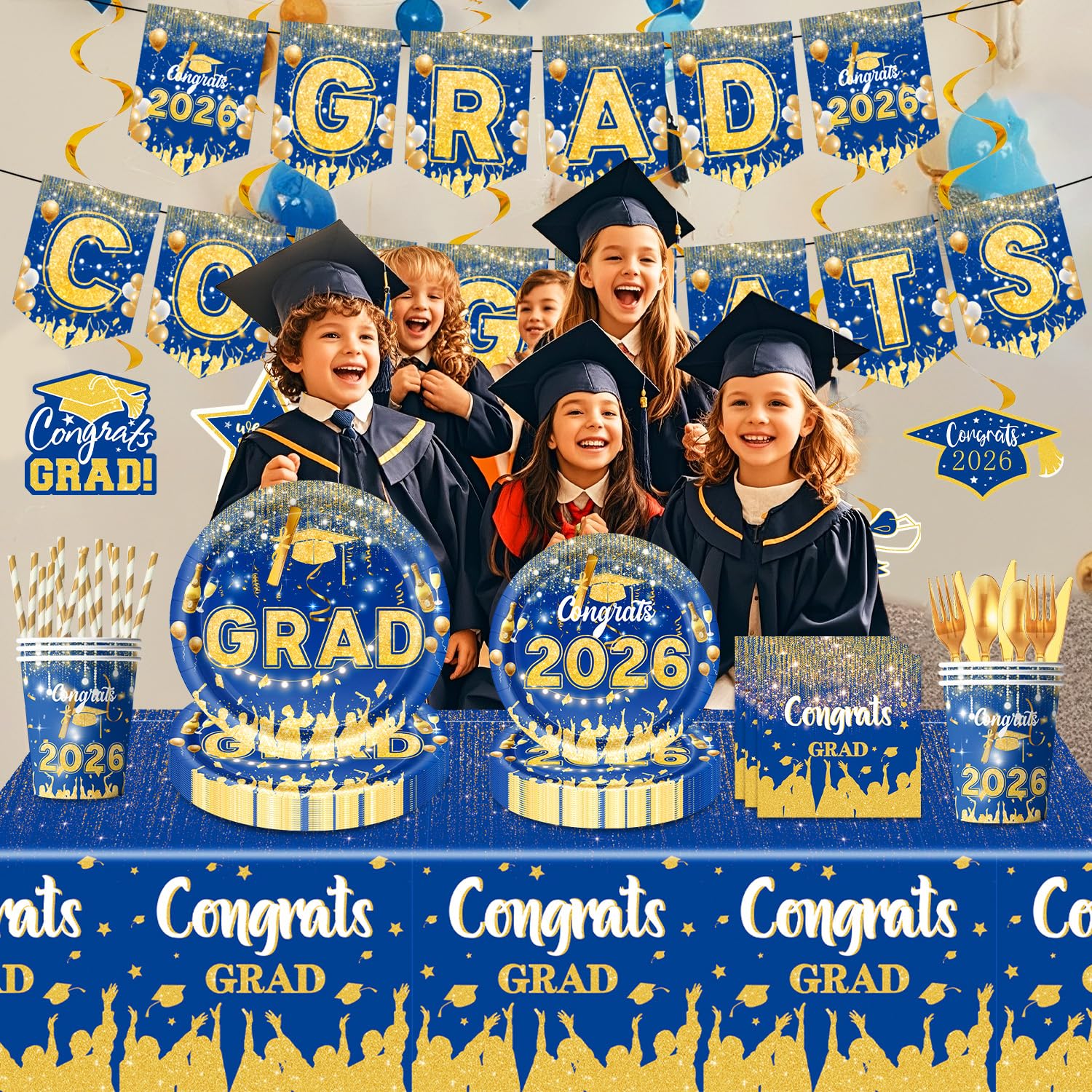 123 Pcs Blue And Gold Graduation Decorations 2026,Graduation Decorations 2026 Deals Set Include Tablecloth , Paper Plates, Cups,Forks, Napkins, Grad