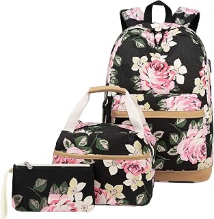 SellerFun Flower Print Canvas Girls USB Backpack Sets Women Laptop Daypack With Lunch Tote Bag Purse/Pencil Case(Black,25L)