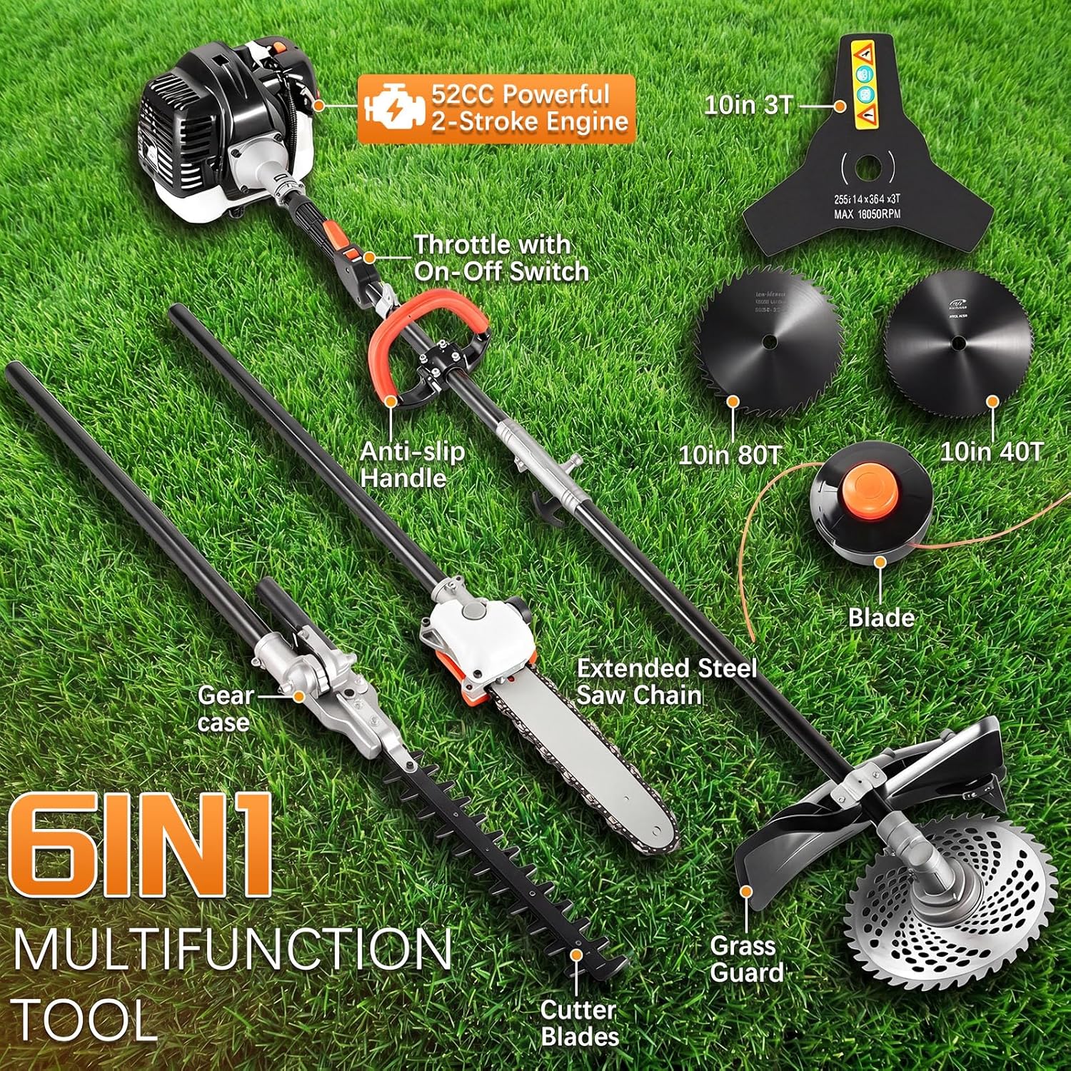 6-in-1 Gas Weed Wacker with Hedge Trimmer, 52CC 2-Stroke String Trimmer/Weed Trimmer/Brush Cutter/Edger, Weed Eater Gas Powered with Extension Pole – Weed Trimmer for Lawn & Garden Care, Orange