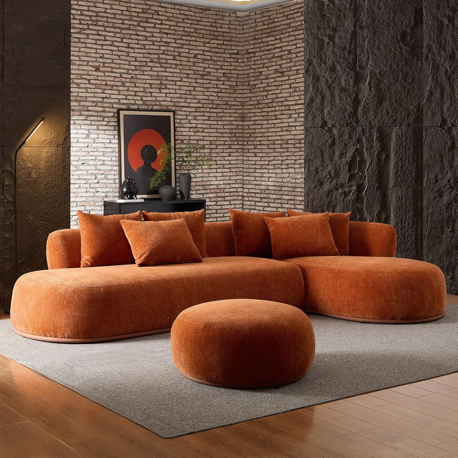 KEIKI 135" L-Shaped Oversized Boucle Sectional Sofa with Right Chaise, Modern 5-Seater Polyester Curved Couch with PU Leather Base, 1 Ottoman & 6 Pillows, No Assembly Required, for Living Room, Orange