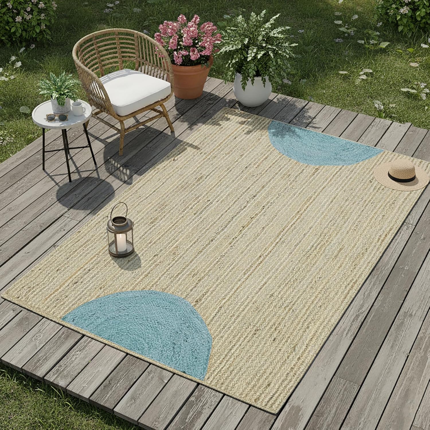 Premium Quality Jute Rug 12x15 Feet Area Rug Natural Fiber Jute Rugs Thick 0.27" Sky-Blue Geometric Striped Pattern Rugs for Bedroom, Kids Room, Farmhouse Design, Outdoor Carpet