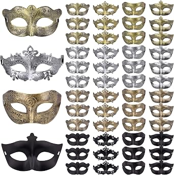 FEQO 48 Piece Masquerade Masks - Vintage Antique Couple Venetian Masks for Halloween Carnivals & Parties, 4 Colours