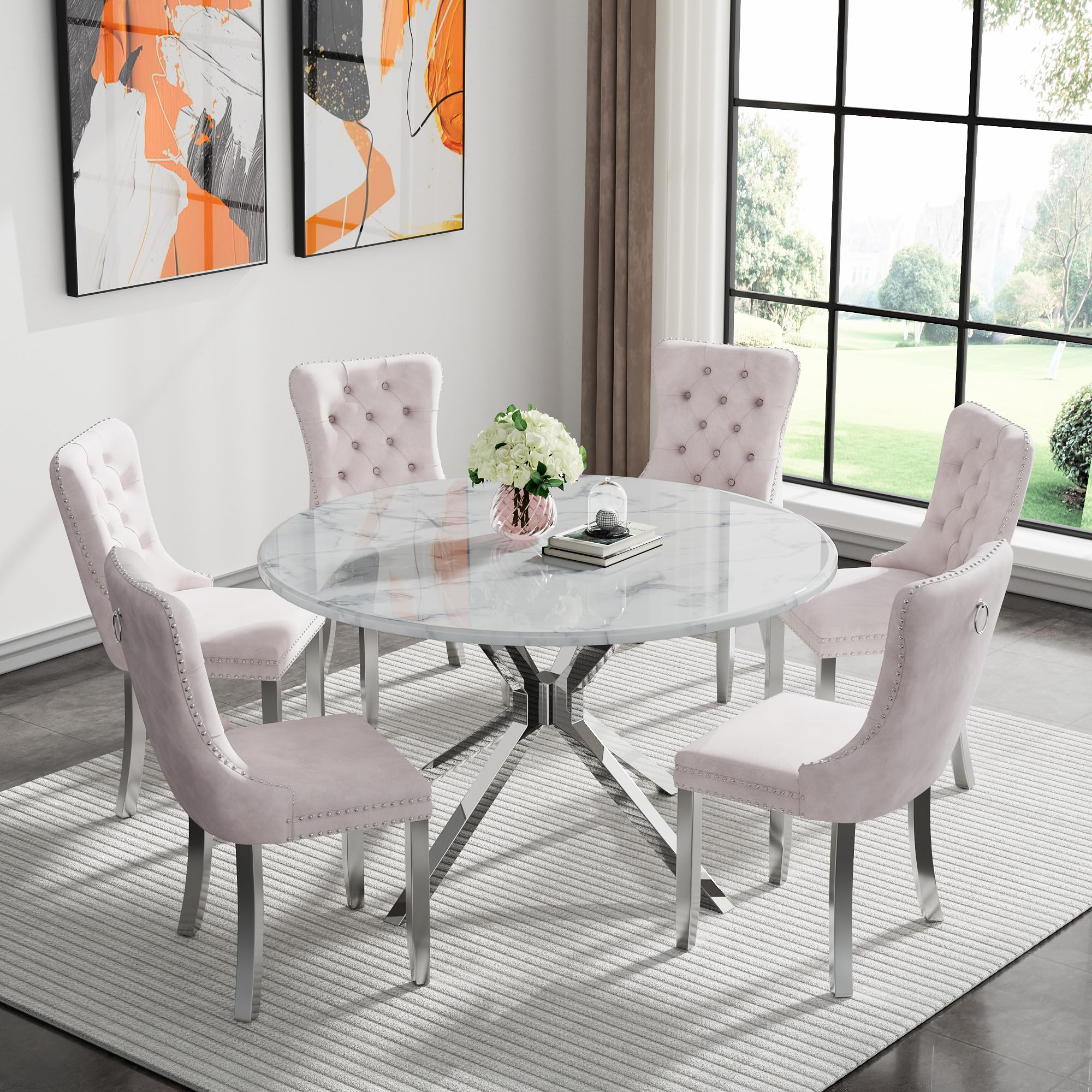 7-Piece Round Dining Table Set for 6, Modern Faux Marble Kitchen Table and Beige Velvet Chairs Set of 6, Luxury 45" Circle White Silver Dining Room Tables with Stainless Steel Cross Legs