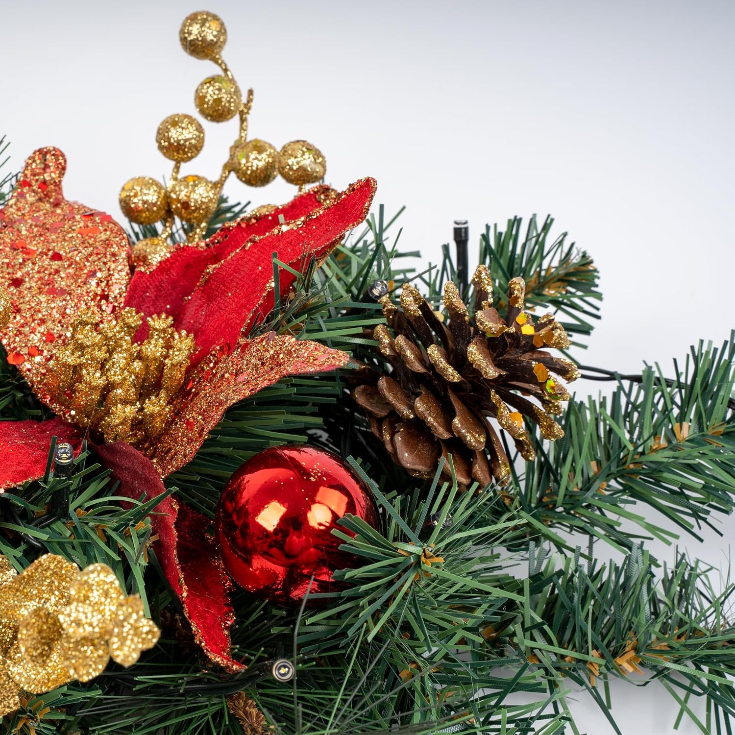 24" Pre-Lit Christmas Teardrop Swag with Lights, Battery Operated Hanging Xmas Door Decoration, Holiday Front Door Garland Swag with Pine Cones, Red Flower & Greenery for Indoor Outdoor Porch Decor