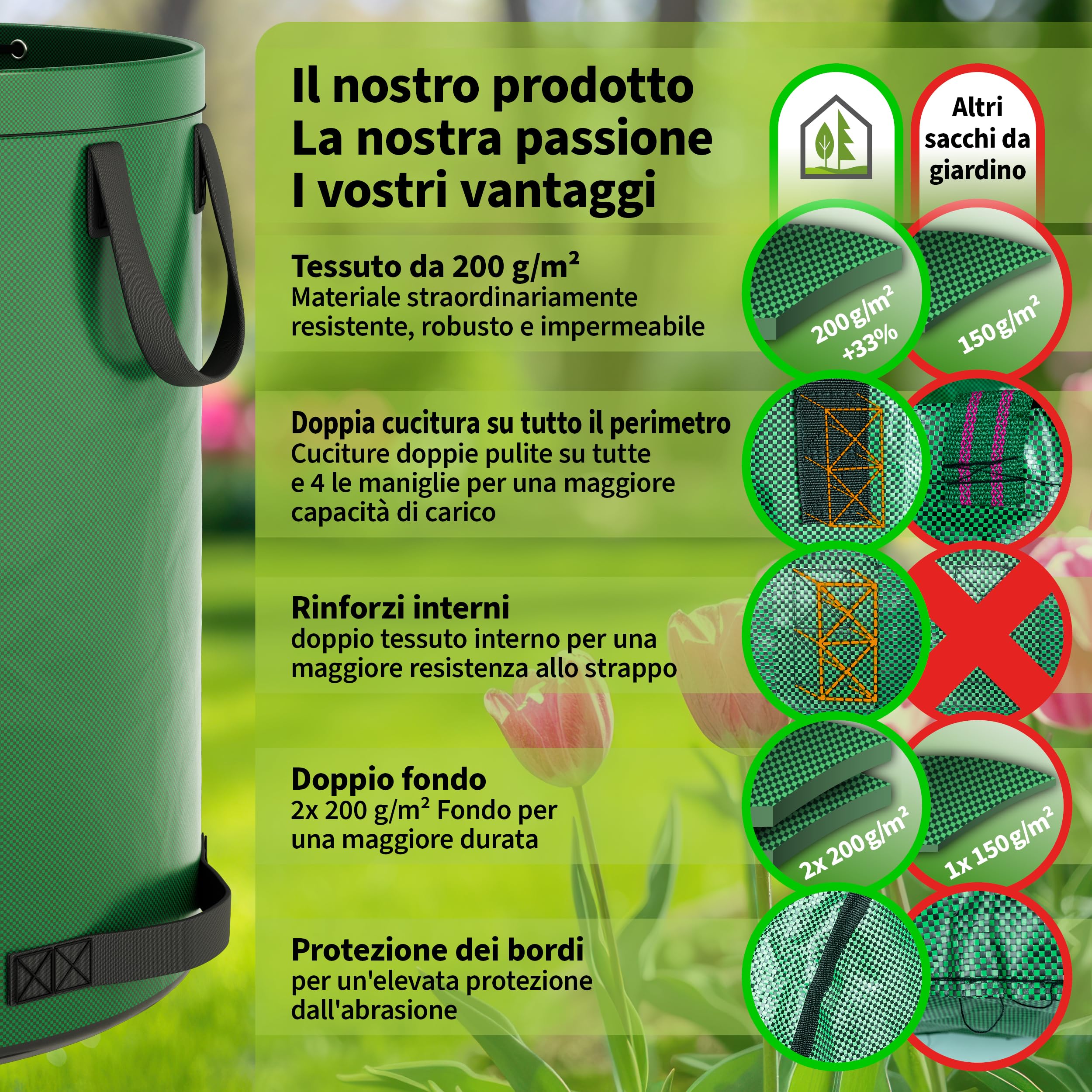 TTL Garden 2 sacchi da giardino Super Solid, 272 l, colore verde, doppio fondo, 2 x 200 g/m², extra stabili e antistrappo, 4 manici, grandi e robusti, set da 2 sacchi per foglie, siepe, rifiuti da