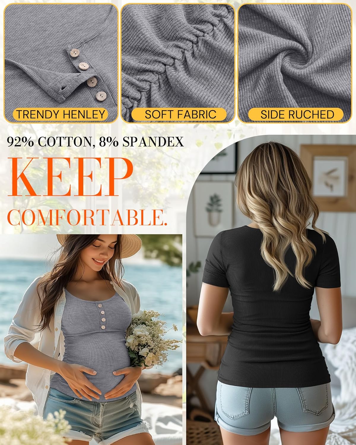 4 Pack Womens Maternity Shirts Scoop Neck Cotton Short Sleeve Ribbed Pregnancy Top Henley Side Ruched Mama Clothes - Image 5