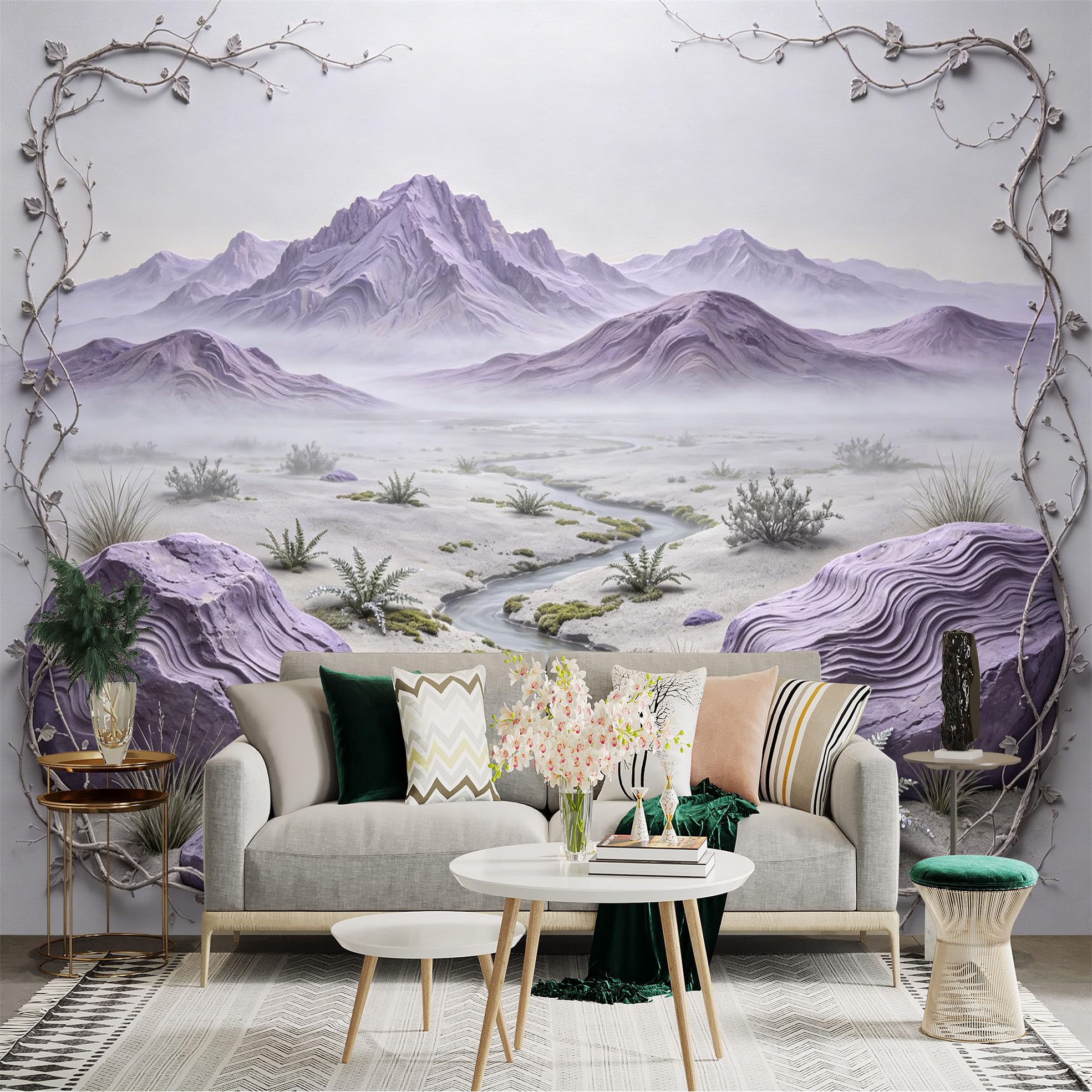 Custom Size Wall Sticker Mural， Lavender Desert with Mountains， Misty River and Purple Rocks， for wall Decoration， peelandstick wall Decals.