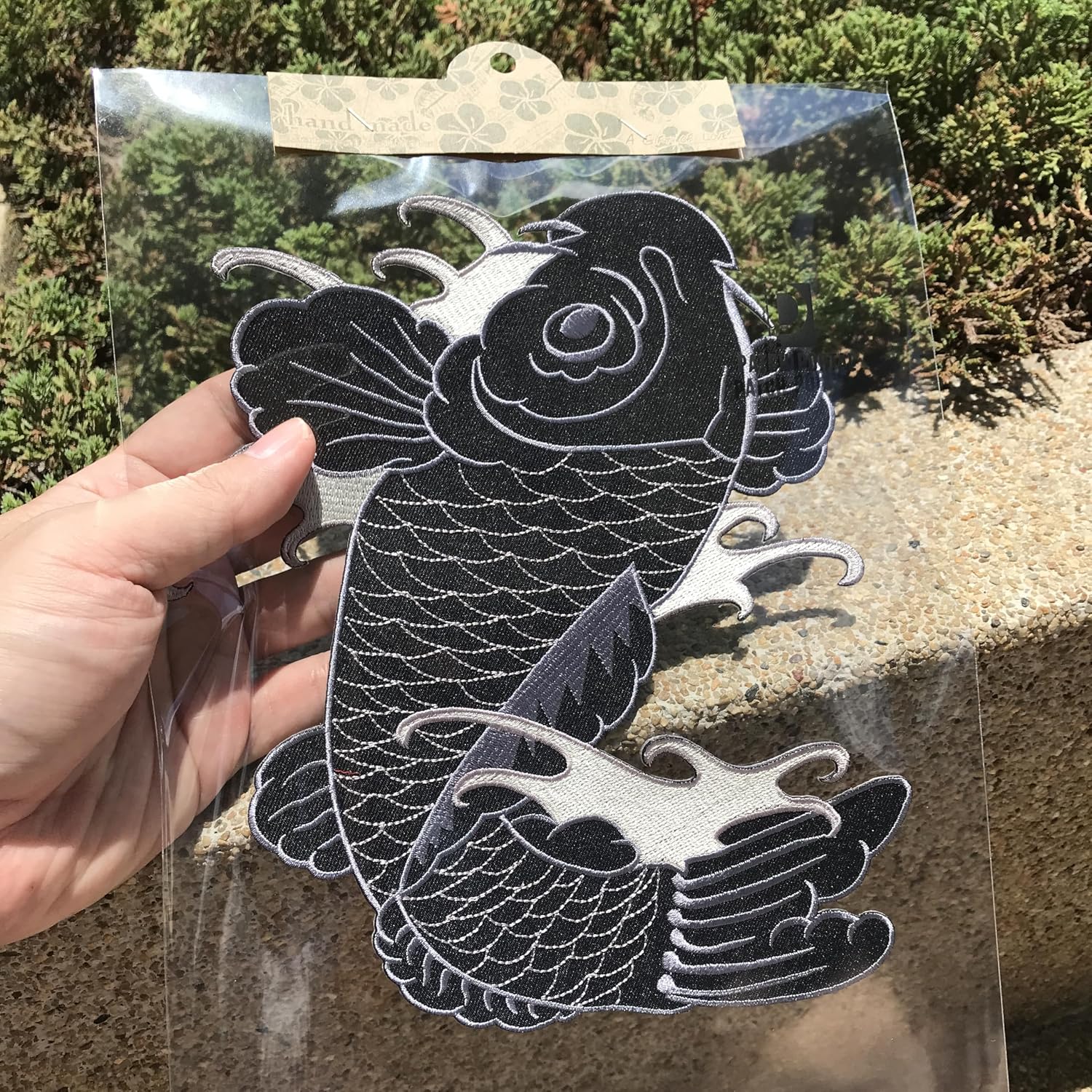 Japanese Koi Fish Patch 9x8 Inch, XL Large Embroidered Iron On Applique for Back of Jacket, Black and White Oriental DIY Decor