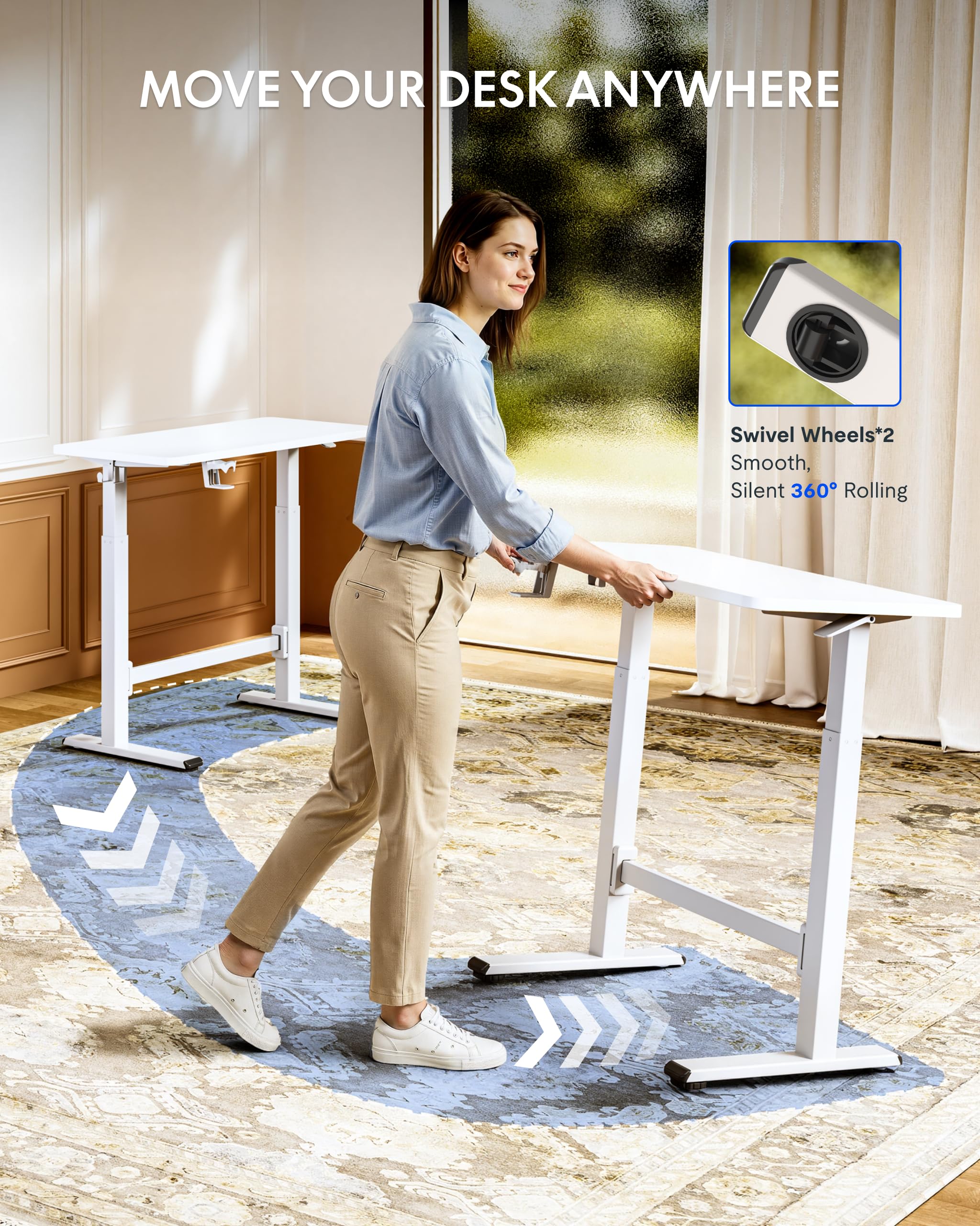FLEXISPOT H7 Plus Gas Spring Adjustable Standing Desk Mobile Rolling Sit-Stand Table with Wheels Cordless Stand Up Desk — view 7