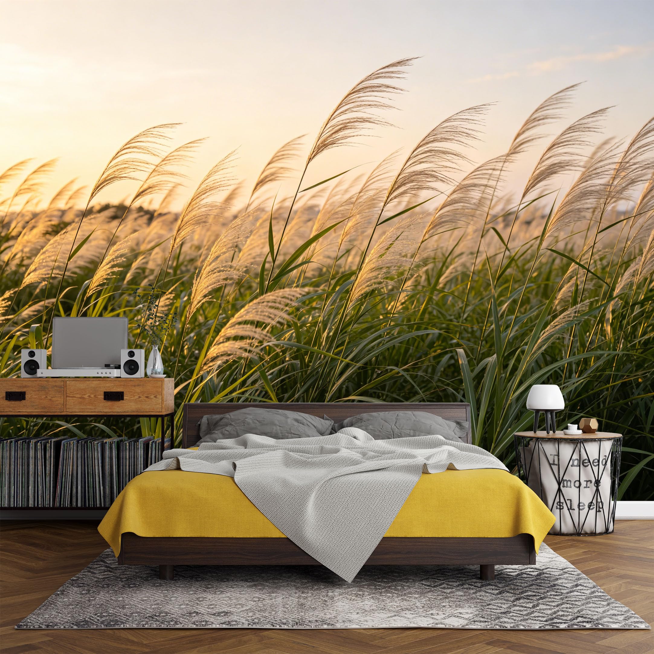 Custom Size Wall Mural， Botanical Pampas Grasses Sunset Field Landscape，SelfAdhesive Art Prints wall Fabric (No PVC) Removable Wallpaper Living Room Decor