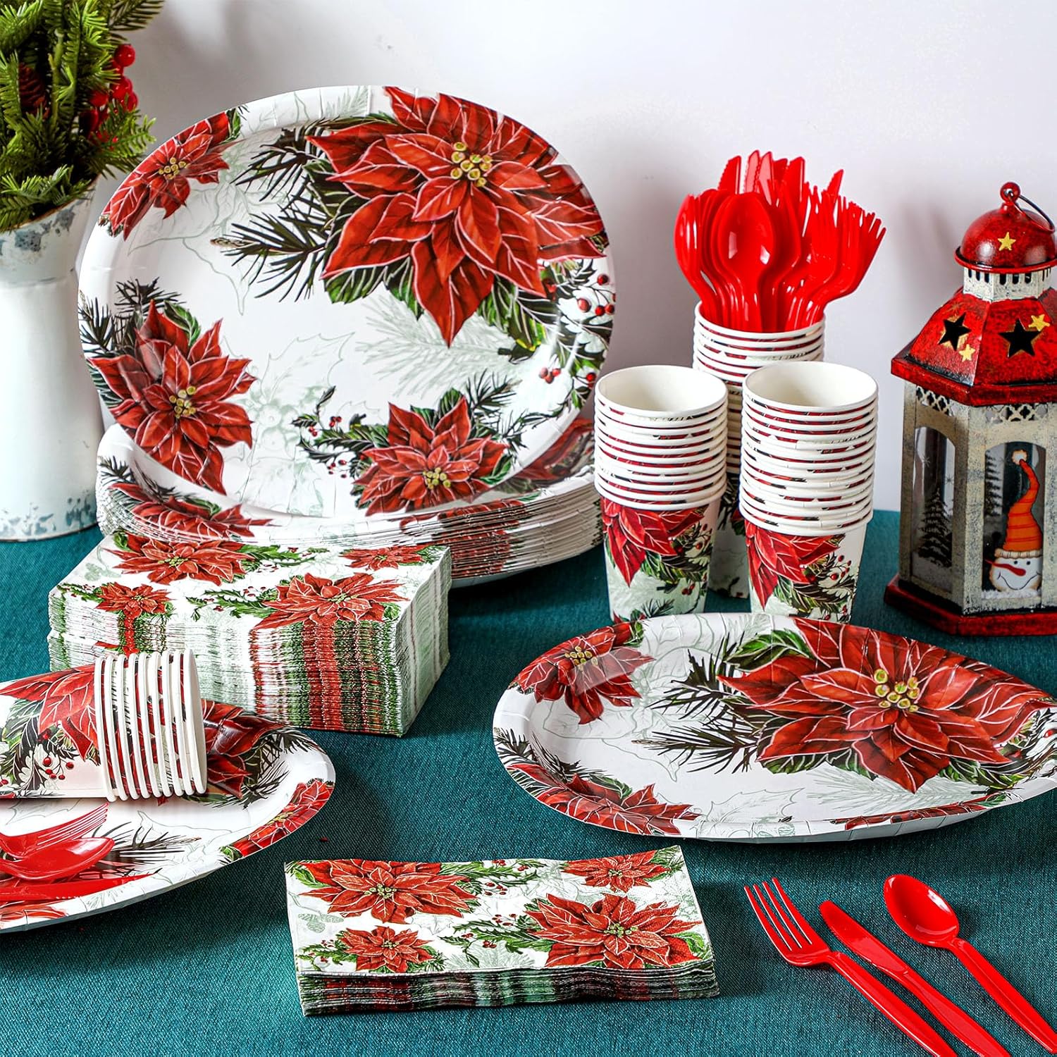 Umigy 350 Pcs Christmas Oval Paper Plate and Napkin Christmas Paper Dinnerware Set for 50 Guests Vintage Tableware Disposable Cup Knife Fork Spoon for Xmas Holiday Party Supplies(Red,Poinsettia)