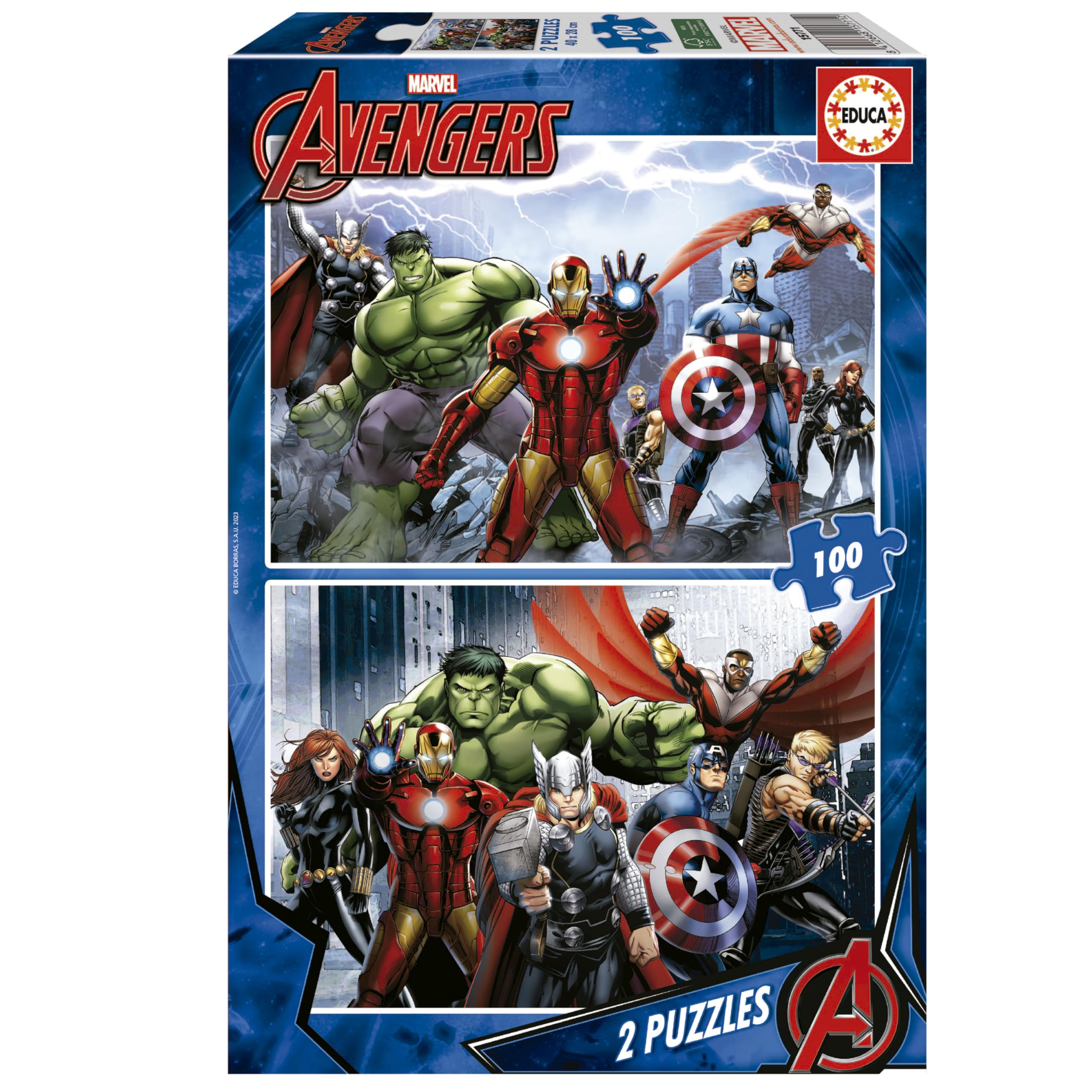 Educa - Kinderpuzzle Avengers | 2x100 Teile Puzzleset | Iron Man, Captain America, Marvel Superhelden | ab 6 Jahren (15771)