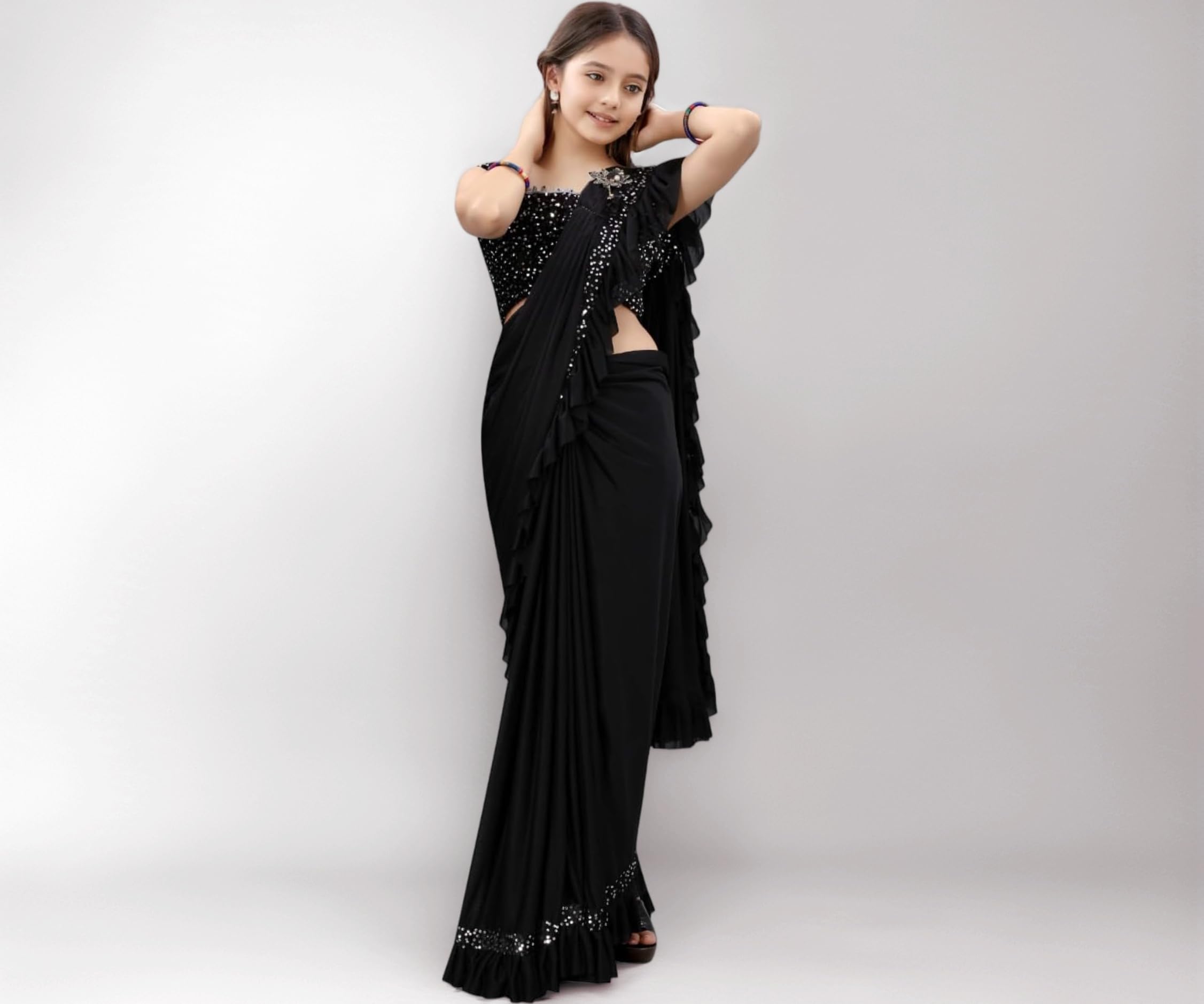 Girl's Lycra Silk Blend Ready To Wear Ethnic Ruffle Saree with Heavy Velvet Unstitched Blouse Piece and 0.80 Centimeter Blouse | Readymade Saree For Girl | Sarees For Girls