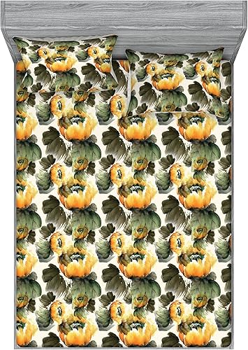 Miniatura 11 de Ambesonne Geometric Fitted Sheet & Pillow Sham Set, Minimalist Vibe Retro Pattern of Waves and Circles Scandinavian, Decorative Printed 3 Piece Pale