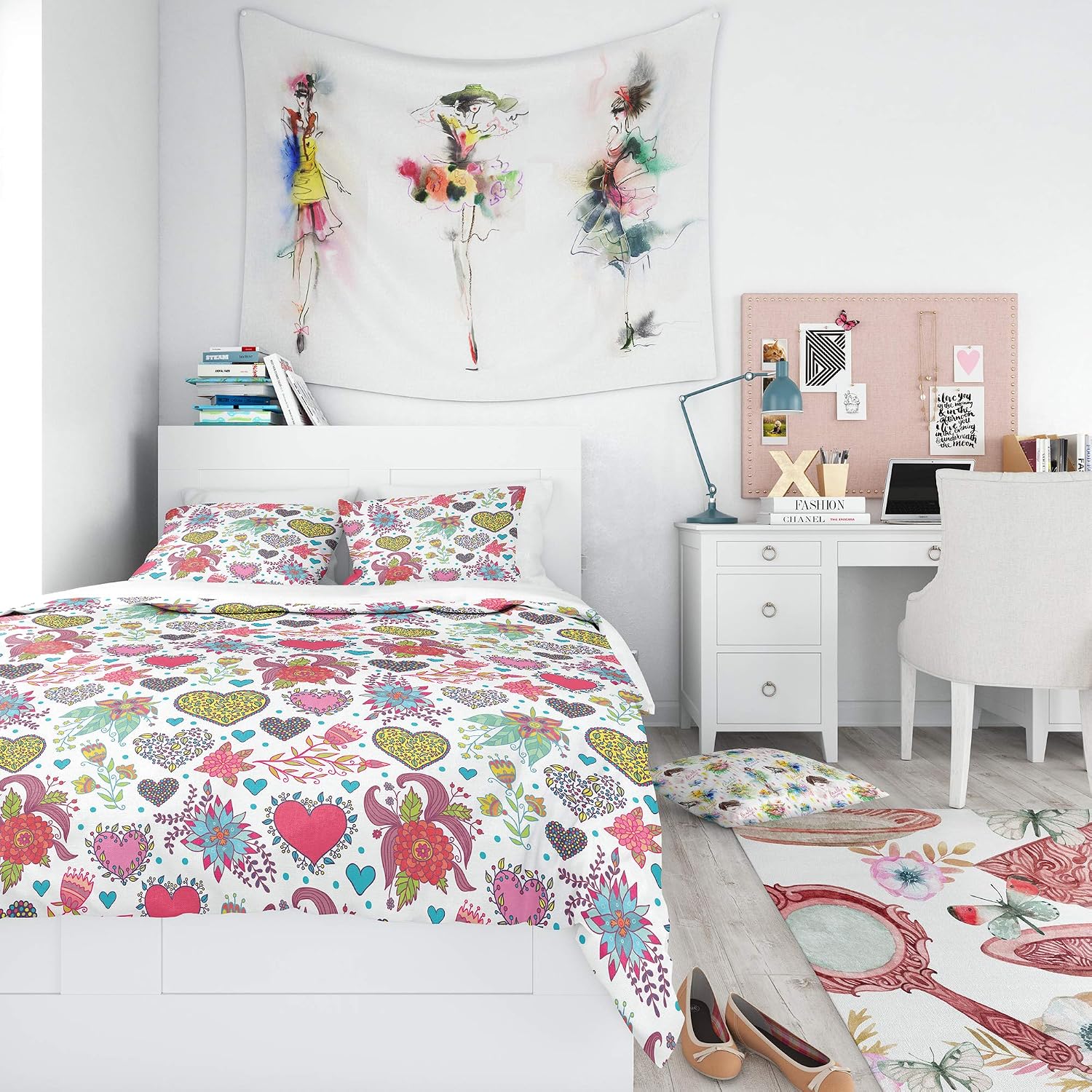 DesignQ 'Beautiful Flowers & Hearts Pattern' Modern Kids Teen Duvet Cover Set