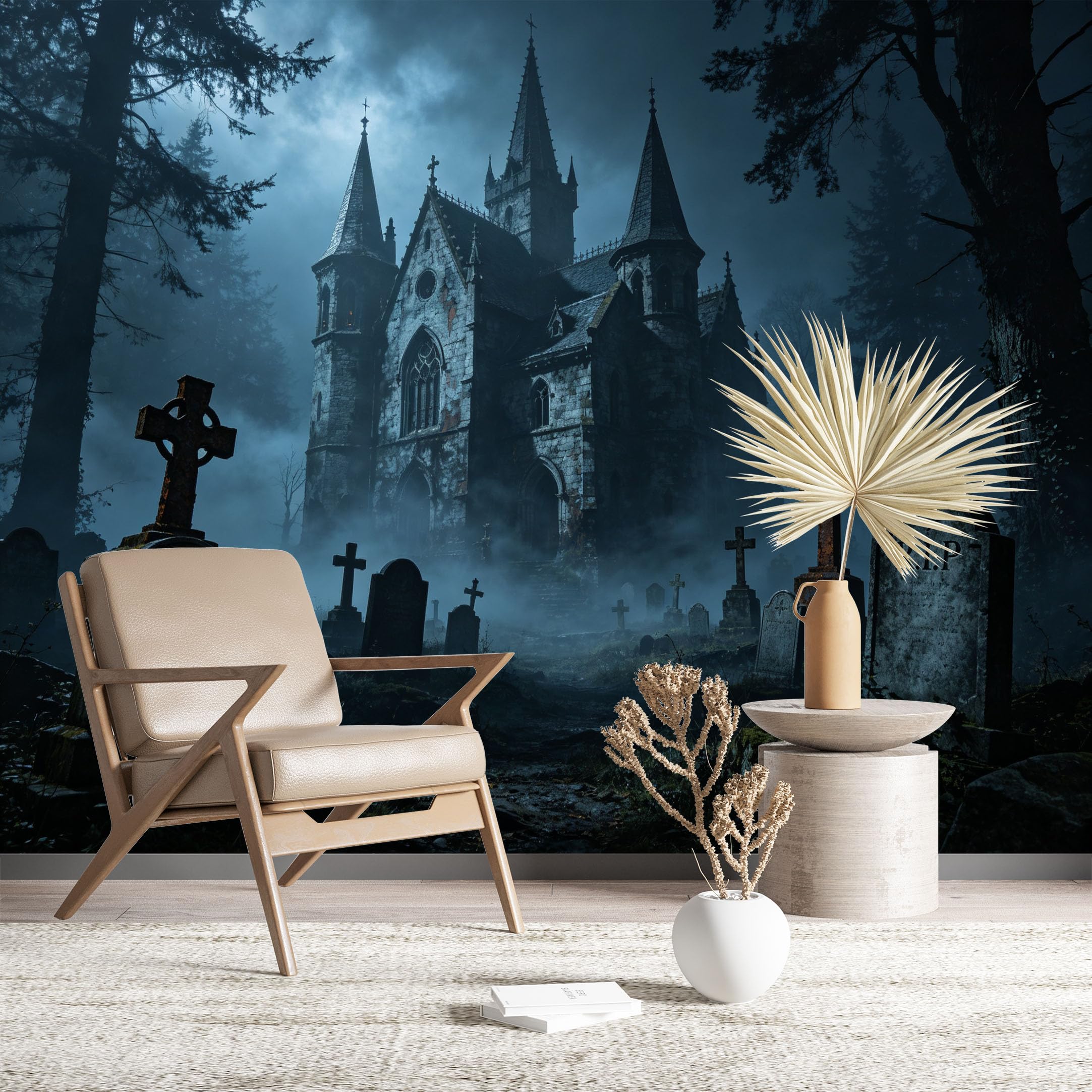 Custom Size Wall Murals Haunted Gothic Church in Misty Forest Large Photo Wallpaper Self-Adhesive Wall Fabric (NO PVC) Removable Wallpaper for Living Room Bedroom