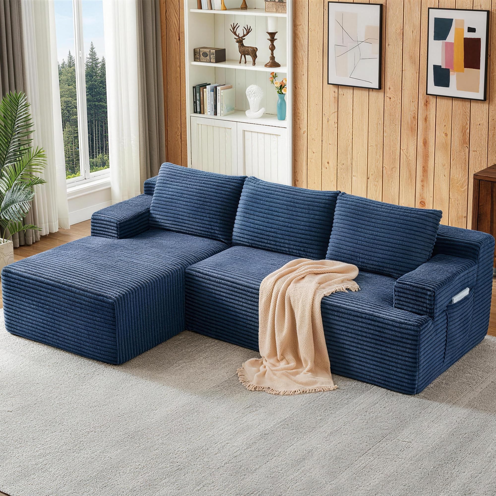 Boneless Couch, Modular Sectional Couches for Living Room, U-Shaped Cloud Couch Sofa with Deep Seat, Fluffy Corduroy Upholstered Corner Sofa