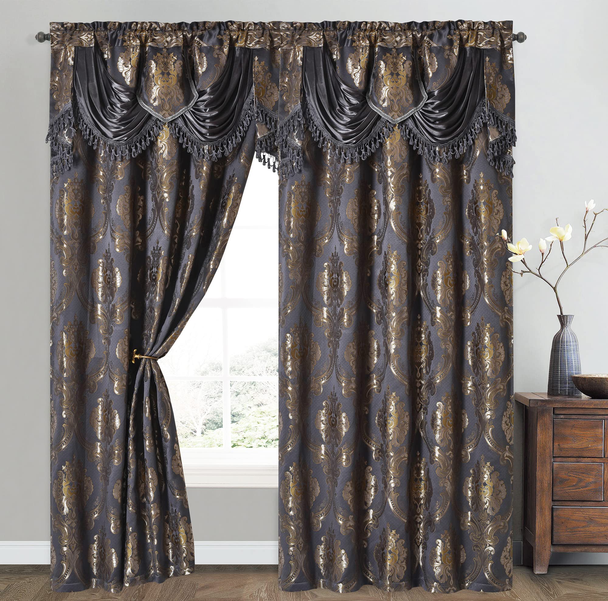 GOHD Golden Ocean Home Decor Luxe Love Lot de 2 Rideaux de fenêtre en Jacquard avec cantonnière attachée Gris foncé 137,2 cm de Large x 213,4 cm de Hauteur avec cantonnière de 45,7 cm