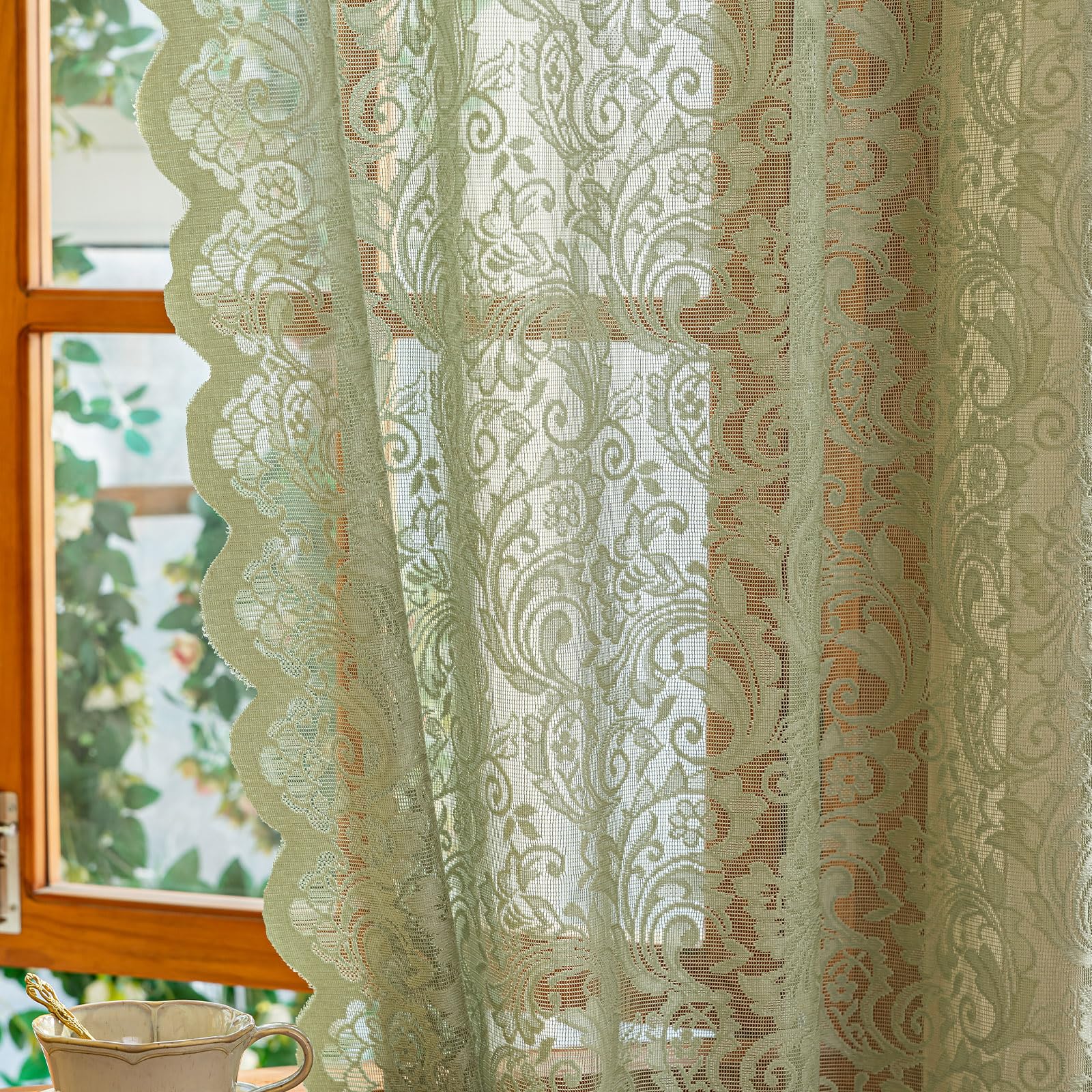 ALIGOGO Sage Green Lace Curtains 45 Inch Length - Boho Floral Cafe Short Curtains for Small Windows, Vintage Privacy Scalloped Edges Spring Summer Home Decor, 52 x 45 Inch, Light Green — image 1