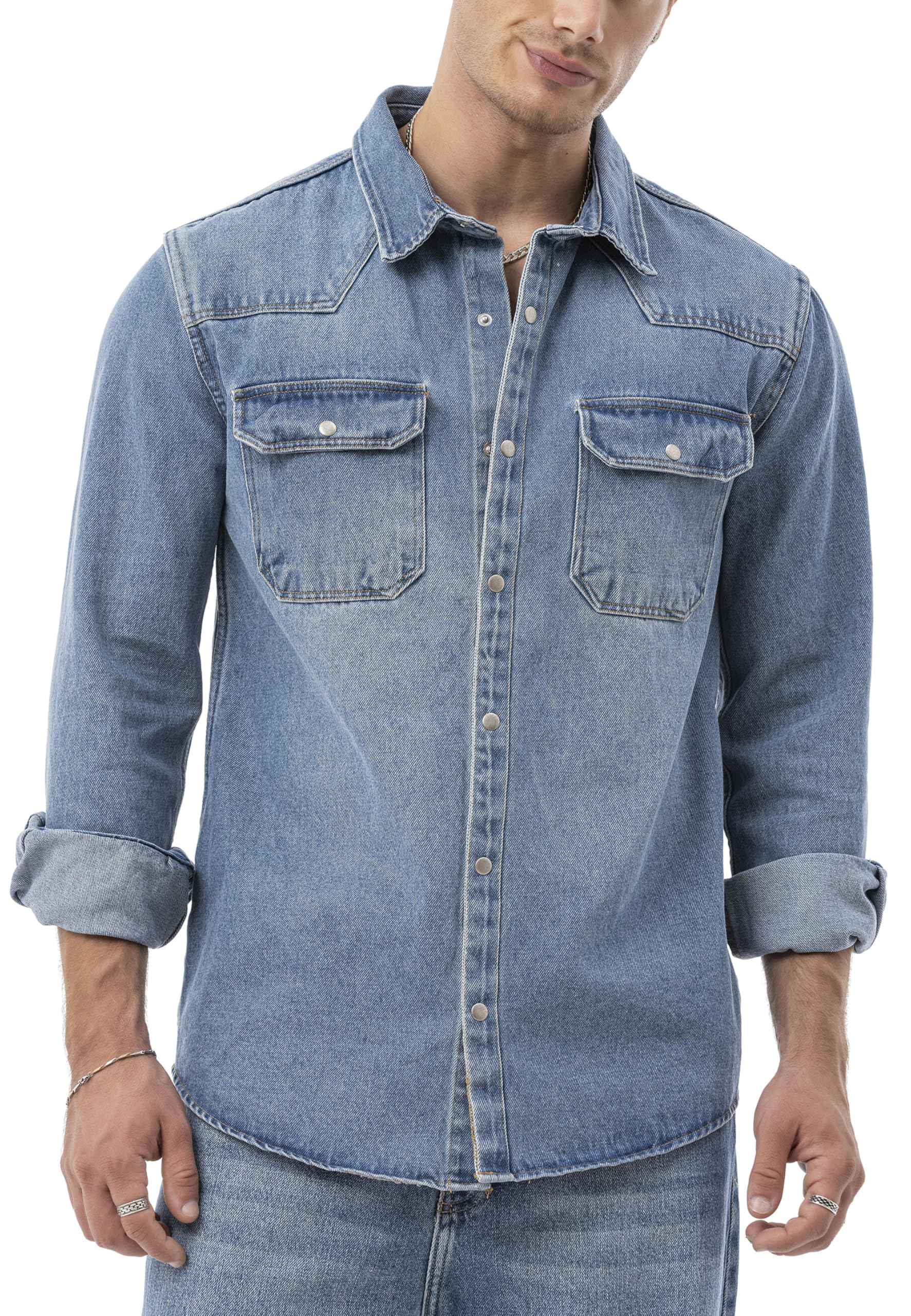 Redbridge by Spruce - Camicia in denim, con bottoni a pressione, oversize, con tasche sul petto, a maniche lunghe, vestibilità regolare