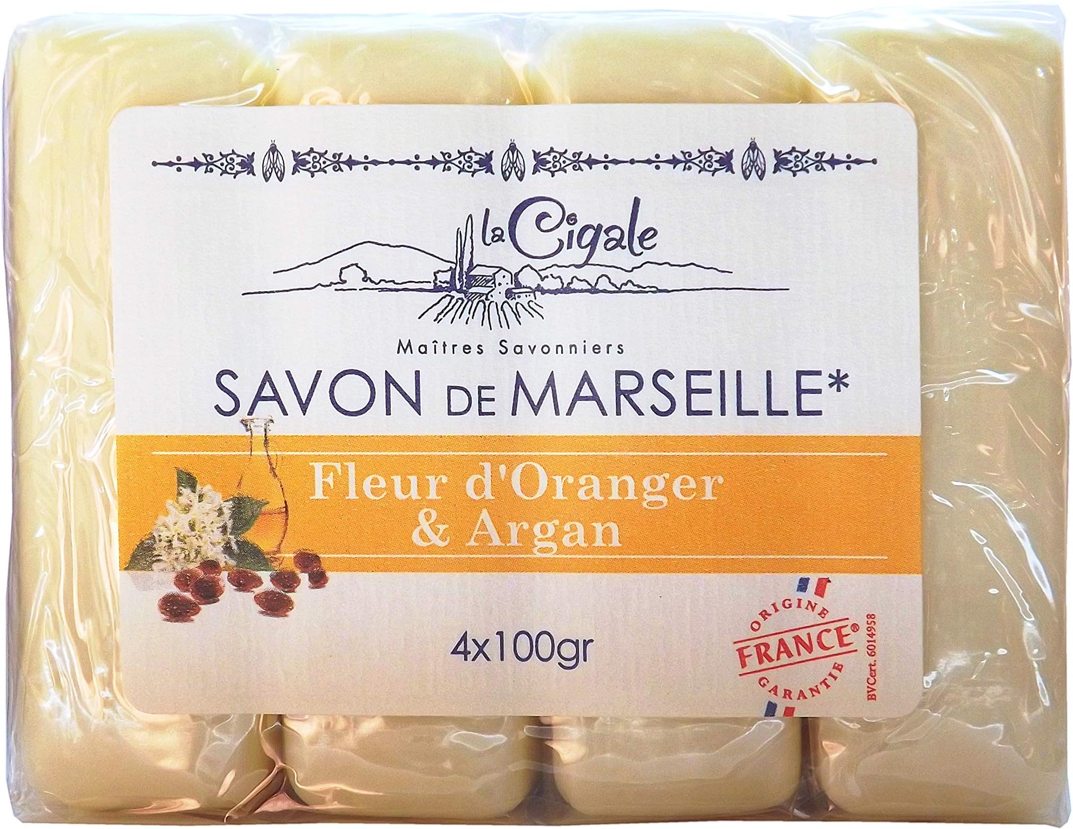 La Cigale Marseille Soap – Orange Blossom & Argan Oil (4x100g), Genuine & Pure. Paraben, Petrochemical and Preservative-free