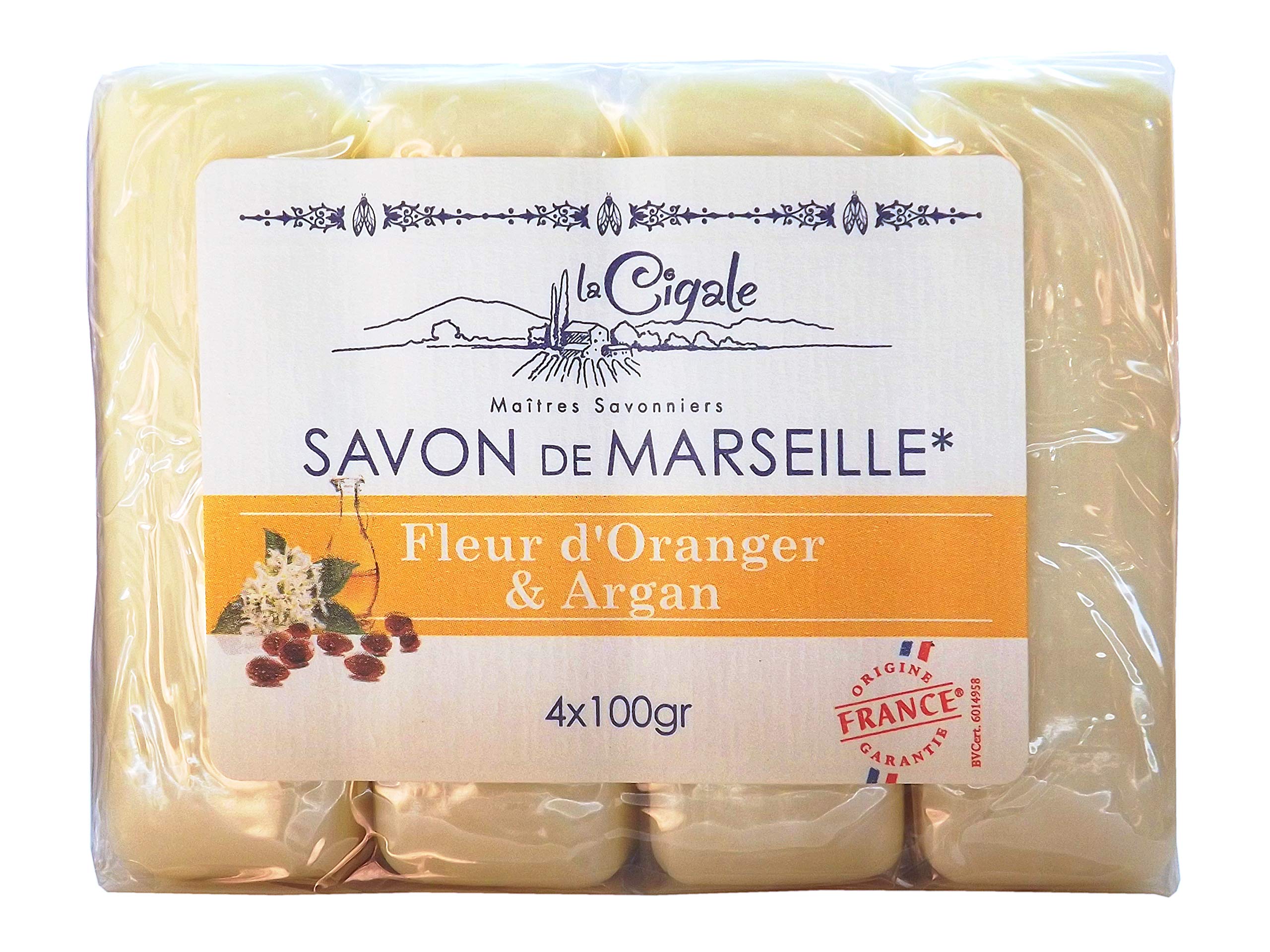 La Cigale Marseille Soap – Orange Blossom & Argan Oil (4x100g), Genuine & Pure. Paraben, Petrochemical and Preservative-free
