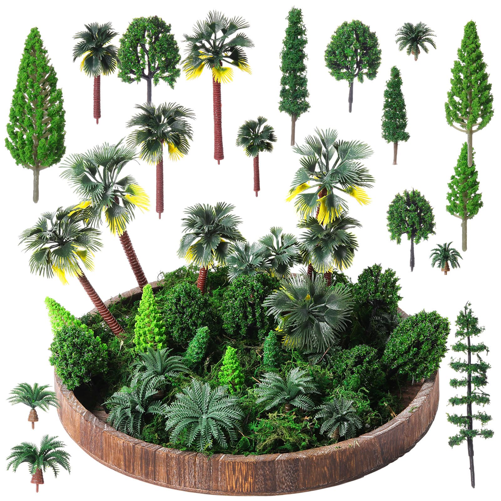 Tigeen 28 Pcs Model Trees Mixed Model with 1.4 Ounce Faux Green Moss Decor Tree Train Scenery Architecture for DIY Crafts, Building, Scenery Landscape