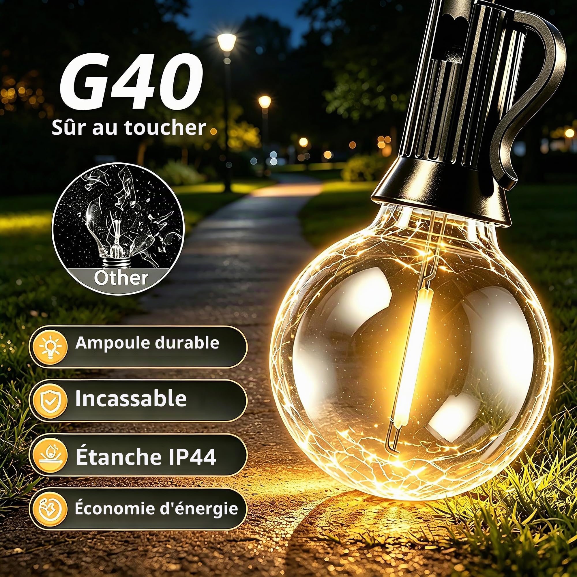 GPATIO Guirlande Lumineuse Exterieure Solaire 30M avec 42 G40 LED Ampoules. | Guirlande Exterieur Solaire avec Télécommande, Imperméable, Incassable, 3 Modes, Fonction Minuterie, Charge solaire + USB.