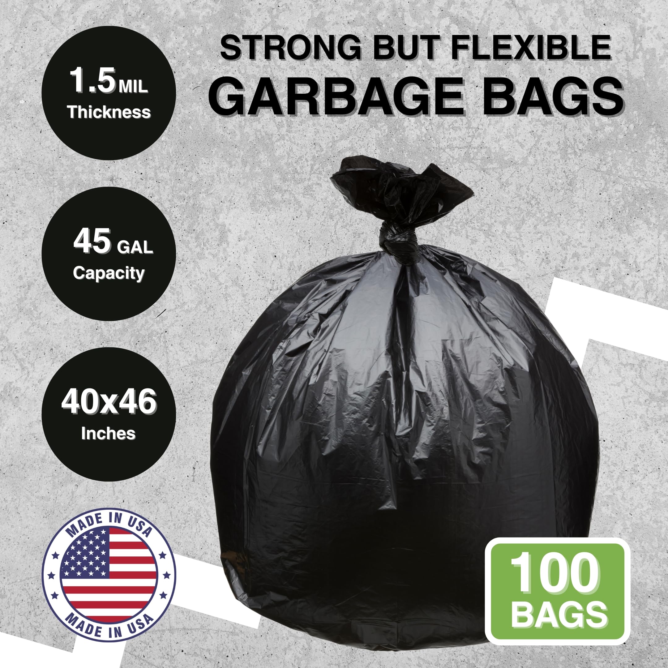 Top Knot Bags Bolsa de basura de 45 galones, 40 x 46 pulgadas, 1.5 mil, color negro, 100 unidades, 40 galones, 41 galones, 42 galones, 43 galones y 44 galones, fabricada en Estados Unidos