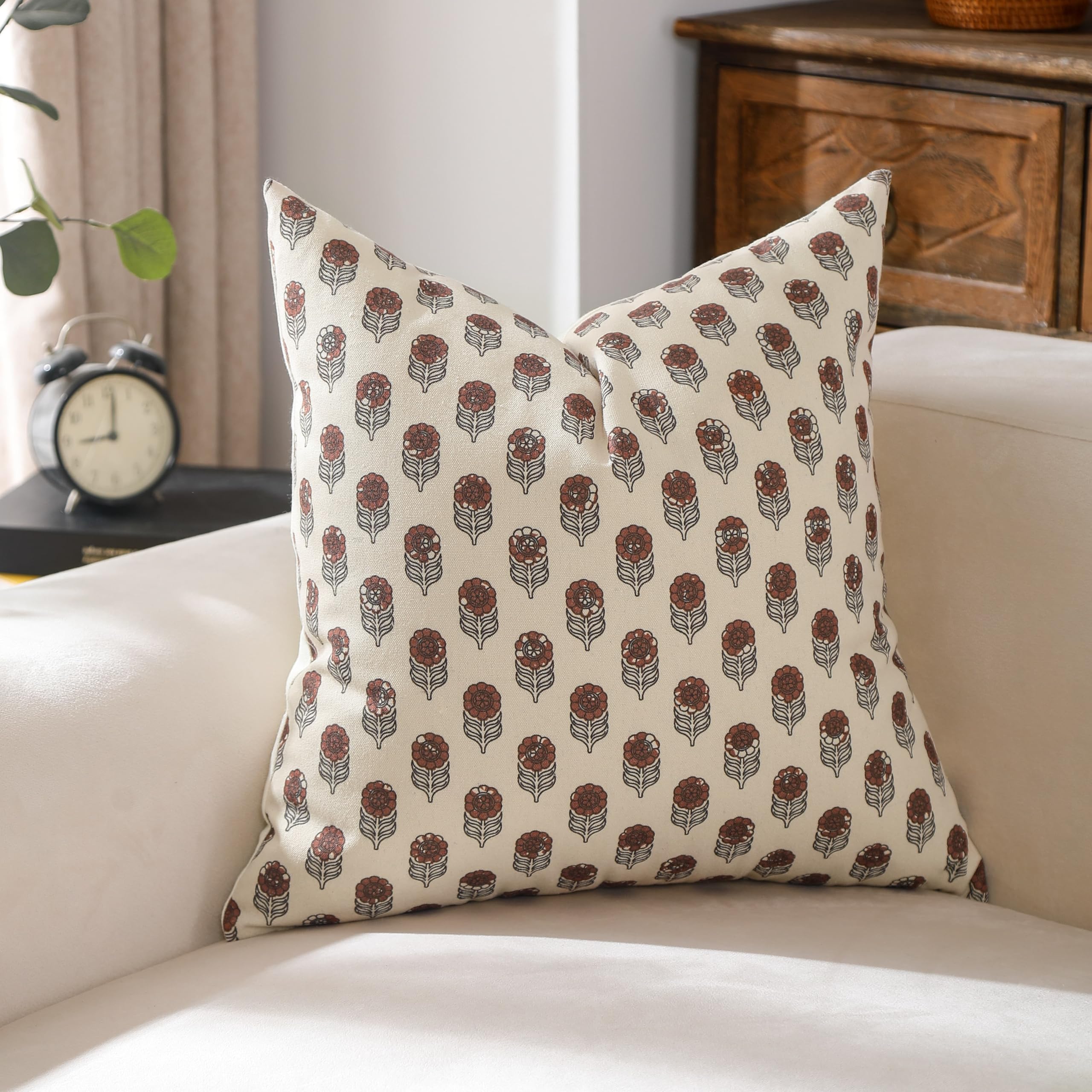 VAKADO Block Print Farmhouse Neutral Throw Pillow Covers 20x20 Set of 1 Vintage Outdoor Decorative Floral Cute Decoration Flower Soft Home Decor for