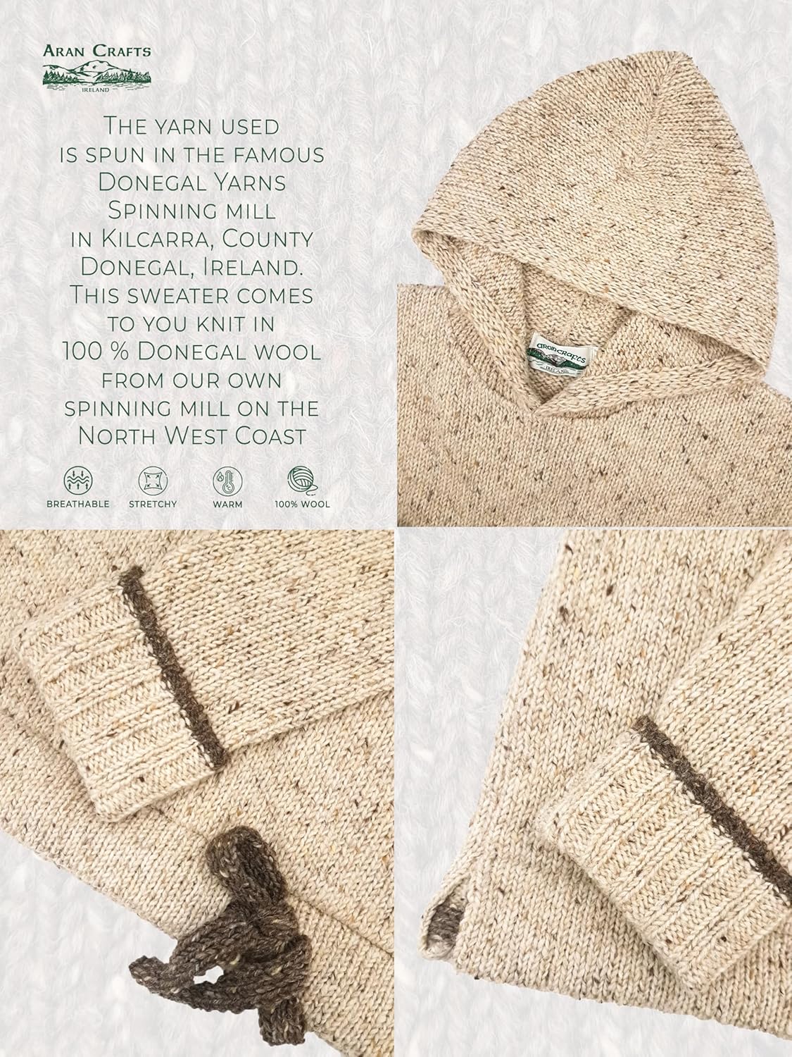 Aran Crafts Irish Mens Kangaroo Pocket Sweater, 100% Donegal Wool (K3084) - Image 5